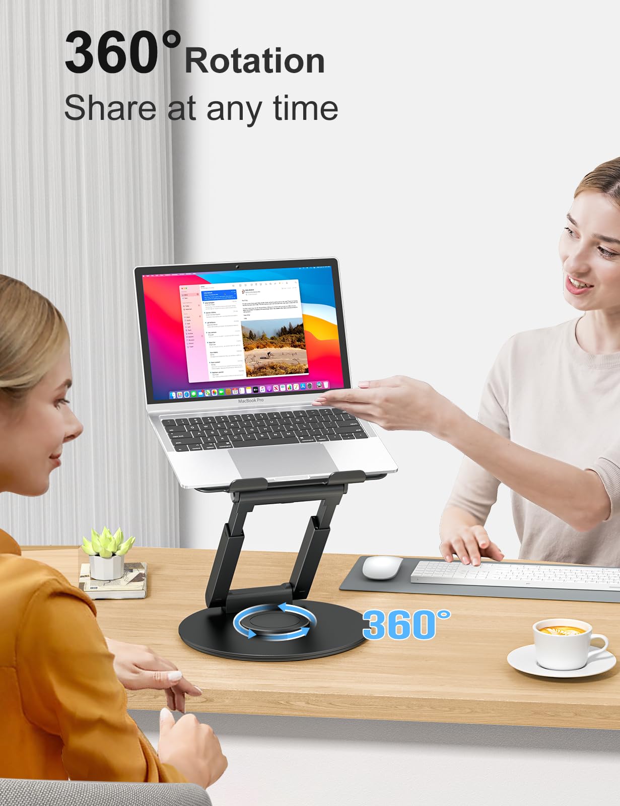 Tounee Telescopic Laptop Stand For Desk With 360 Swivel Base, Sit To Stand, Height Adjustable, Portable Riser Holder For Good Po