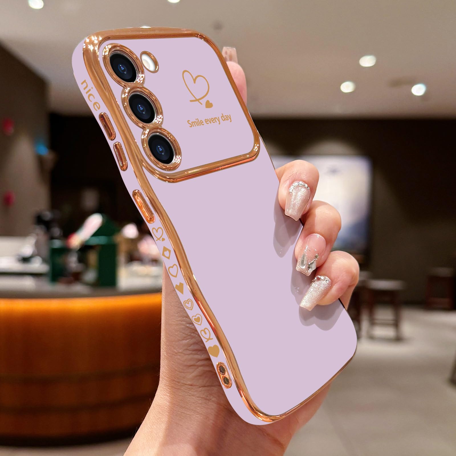 Lchulle For Samsung Galaxy S22 Case For Women Girls, Cute Wave Frame Curly Shape With Love Heart Raised Camera Protection Cover