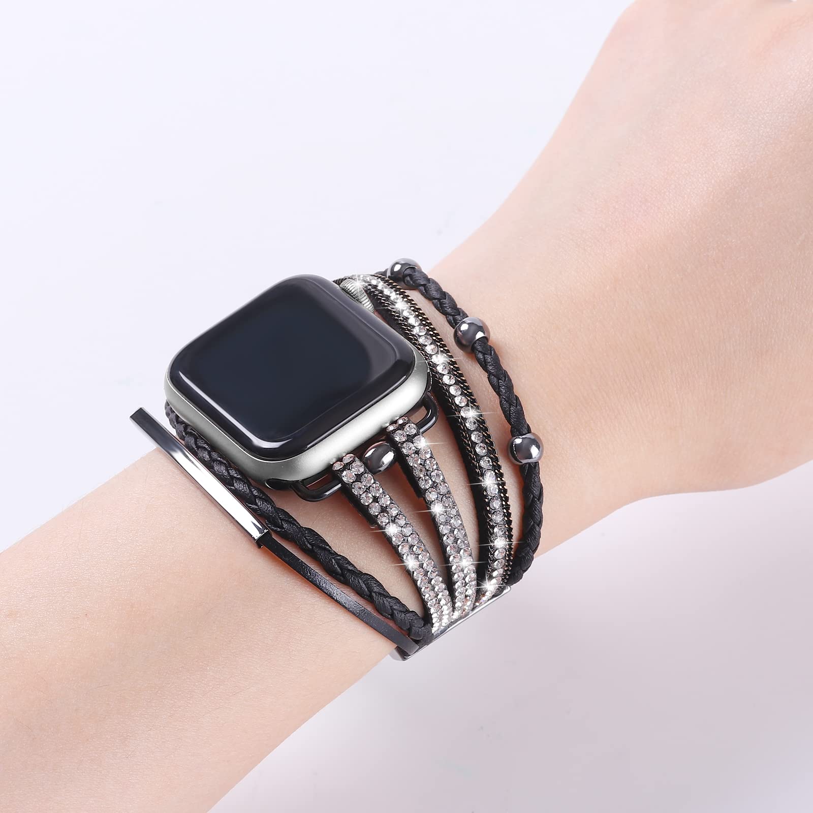 Yoswan Leather Bracelet Compatible With Apple Watch Band 38Mm 40Mm 41Mm Women, Dressy Boho Bling Jewelry Multilayer Wrap Strap F
