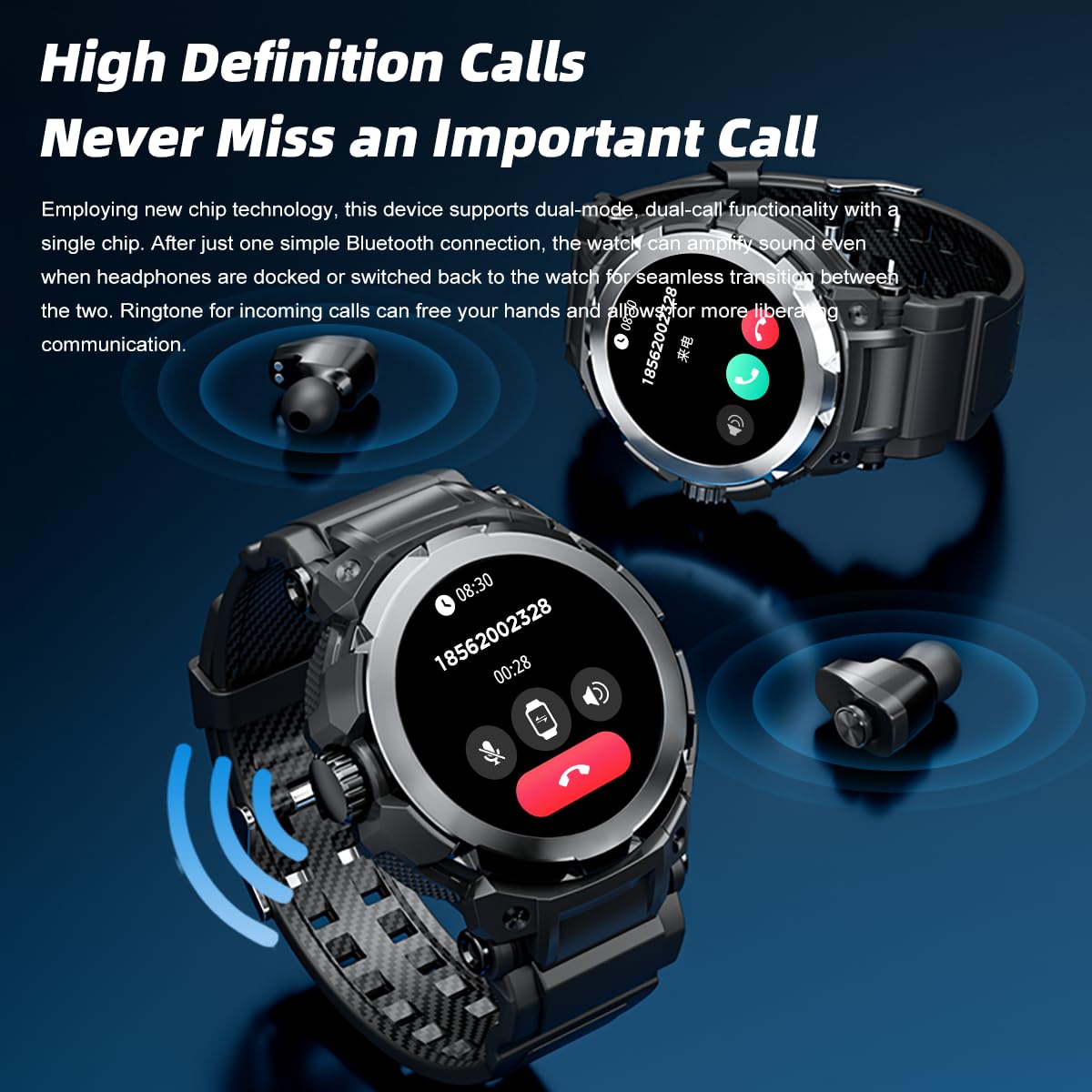 Fanchengzi Military Smart Watch With Earbuds For Men, Bluetooth Calling Can Answer And Make Calls, Ip67 Waterproof Fitness Smart