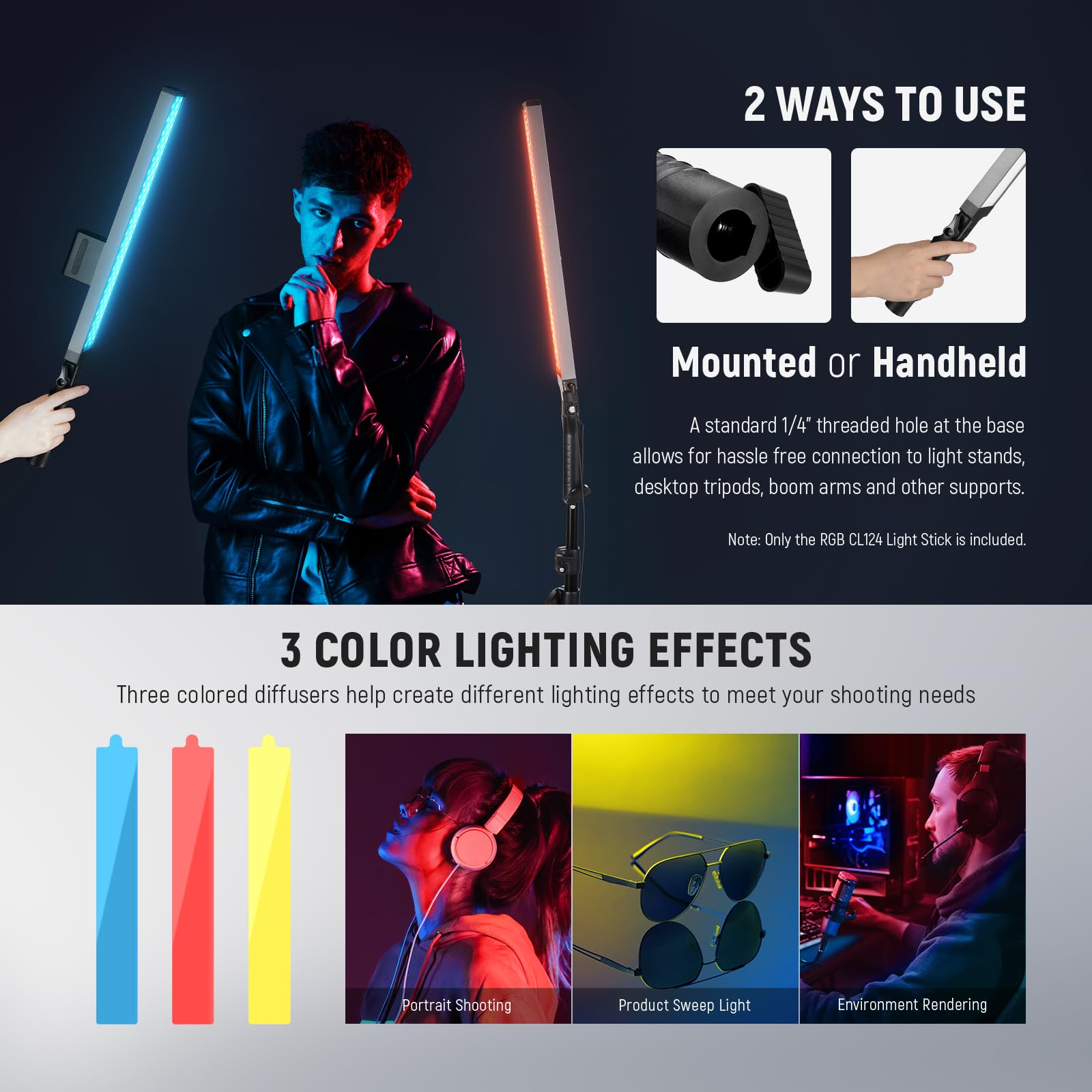 Neewer Upgraded Led Video Light Stick & 2.4G Remote Kit, 2 Pack Handheld Dimmable 3200K~5600K Cri97+ Video Lighting With Stands/
