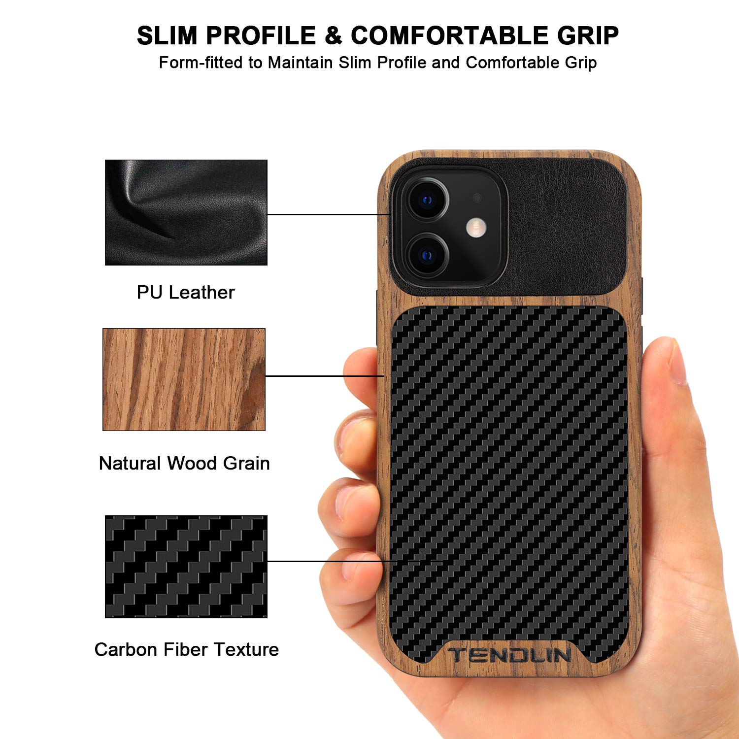 Tendlin Compatible With Iphone 12 Case/Iphone 12 Pro Case Wood Grain With Carbon Fiber Texture Design Leather Hybrid Case Black