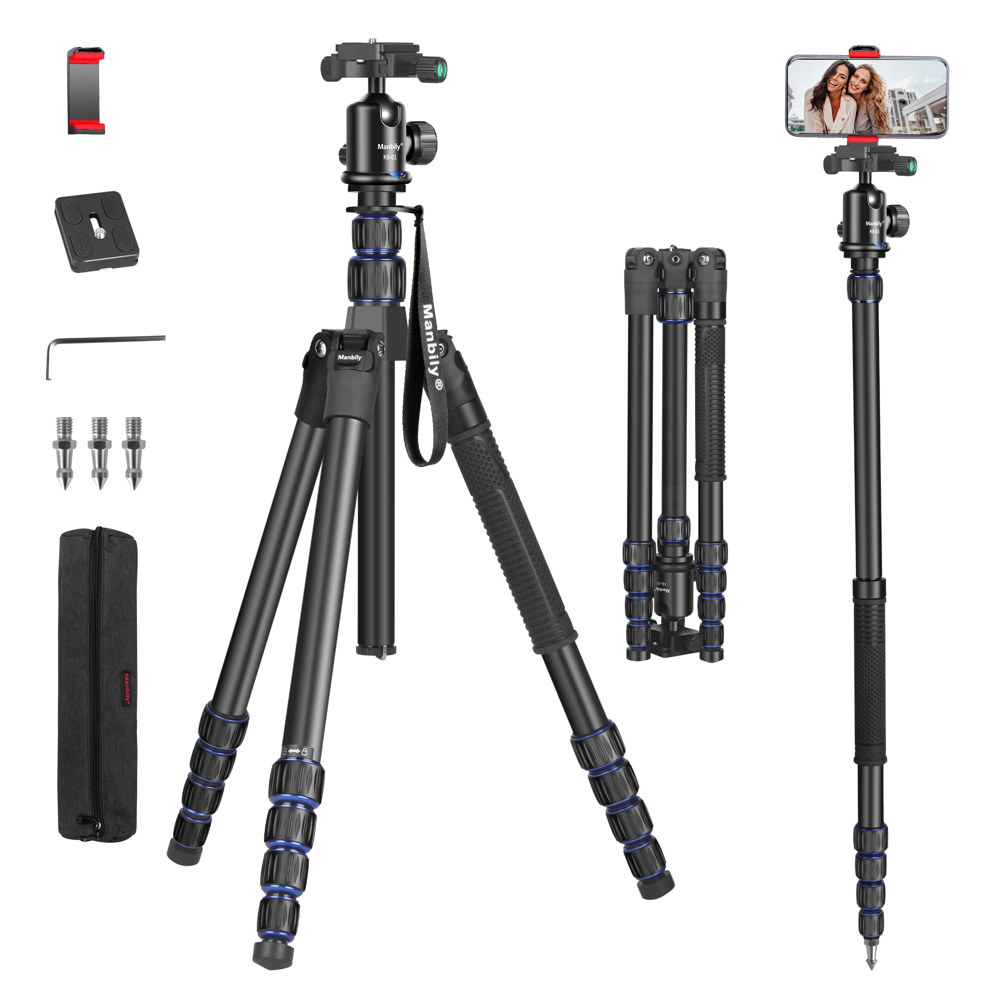 Camera Tripod, Manbily 74' Aluminum Travel Tripod Monopod Stand For Camera Dslr Phone, 360� Ball Head W Handle And Extra 1/4' Qr Plate, Payload 17.6Lbs, Compatible With Canon Nikon Sony