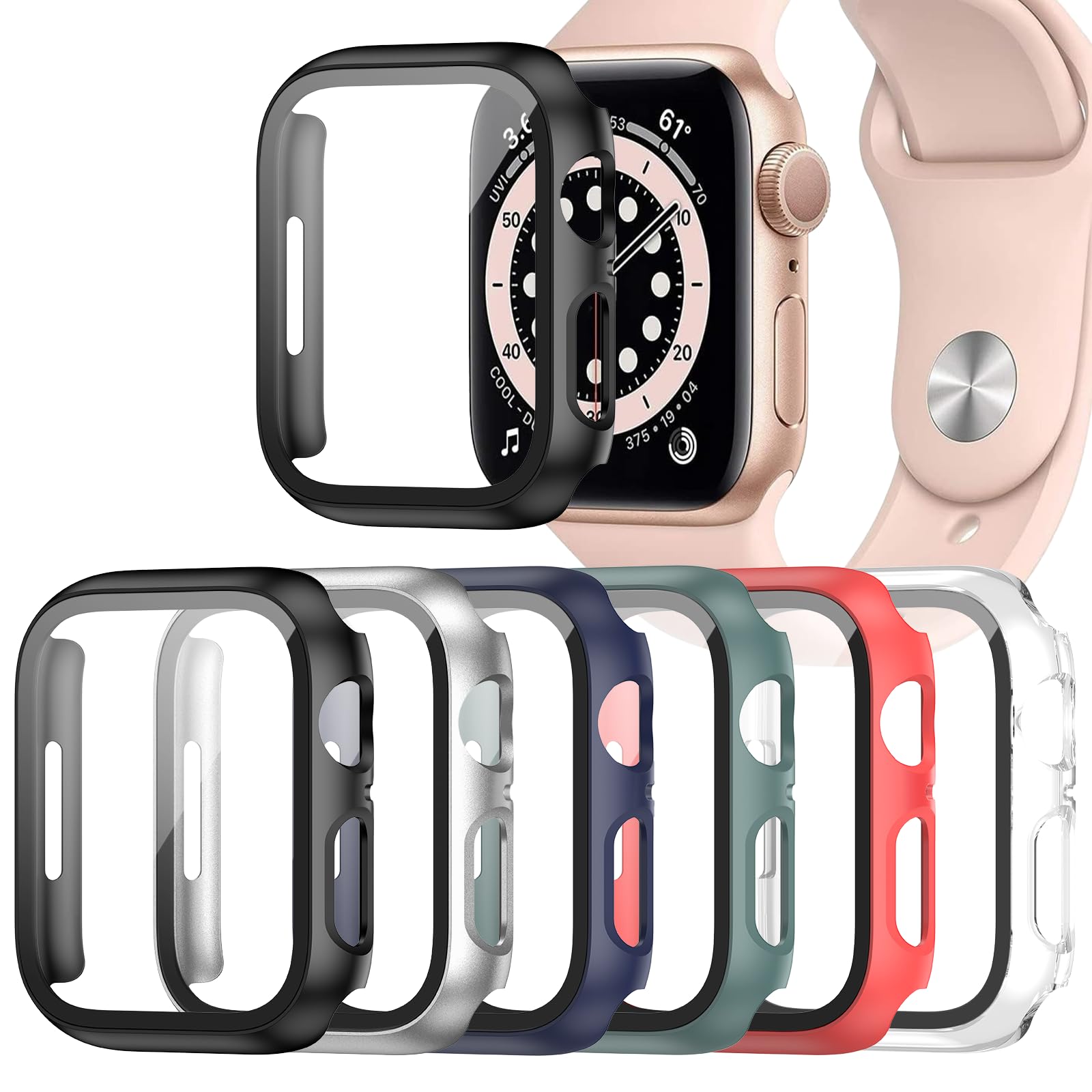Landhoo 6 Pack Case for Apple Watch Series 9/8/7 41mm Tempered Glass Screen Protector, Hard PC Ultra-Thin Scratch Resistant Full