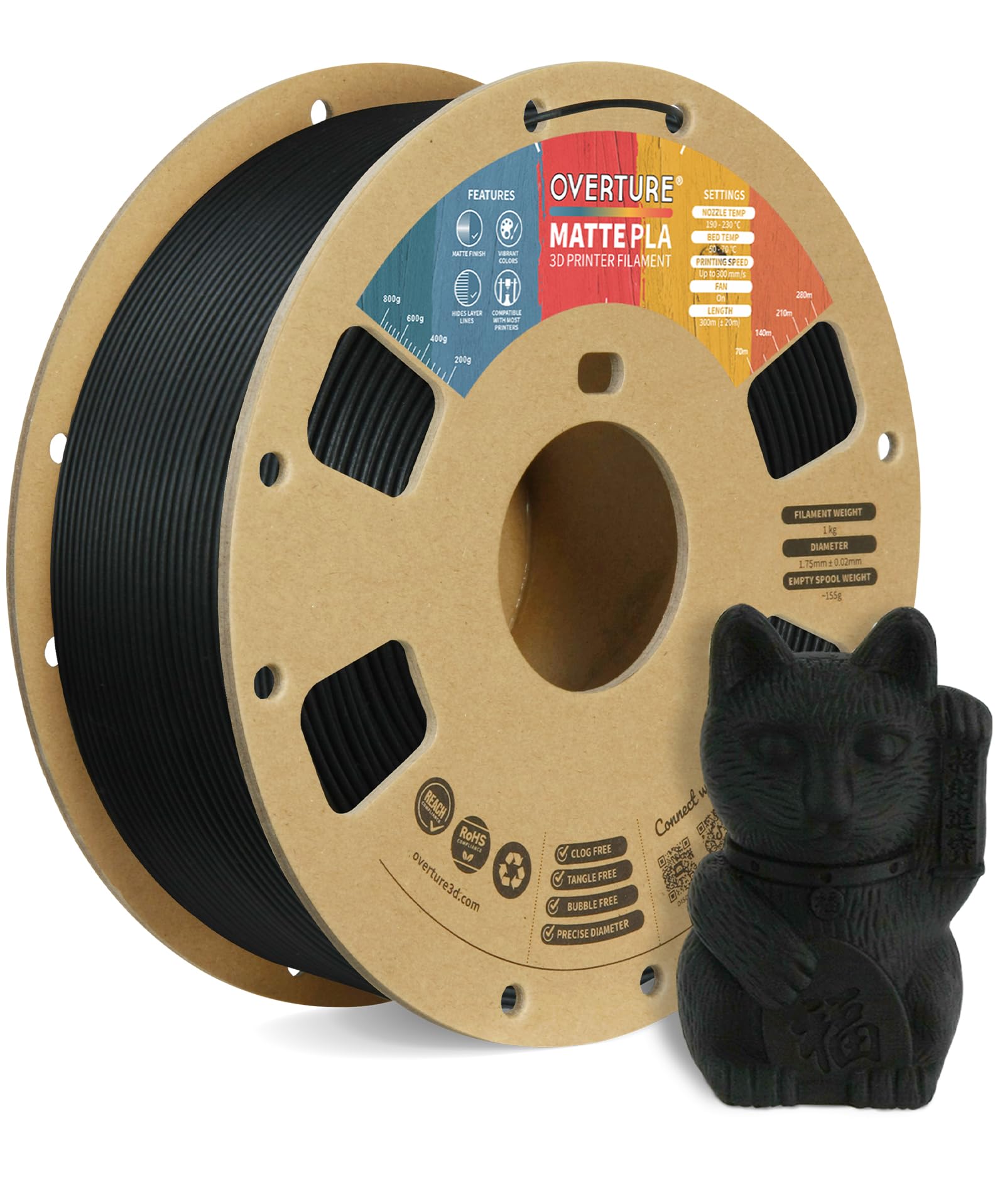 OVERTURE PLA Matte 3D Printer Filament 1.75mm, Matte PLA 1kg Cardboard Spool (2.2lbs), Dimensional Accuracy +/- 0.02 mm (Matte B