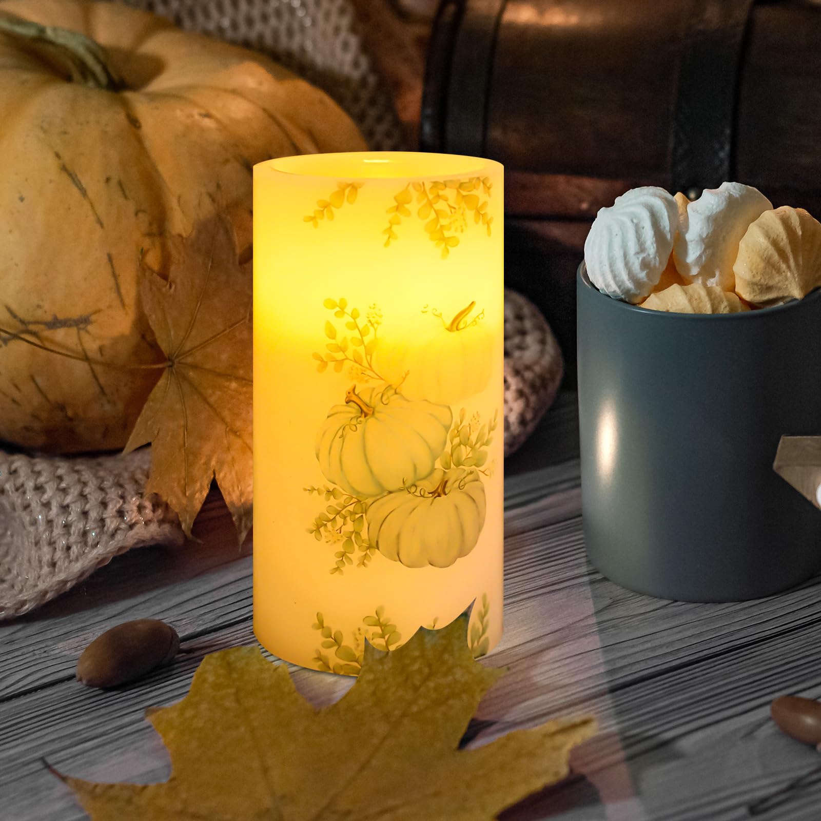 Whaline Fall Led Flameless Candles Blue Pumpkin Warm Light Battery Operated Pillar Candles Autumn Electric Flickering Candles Fo