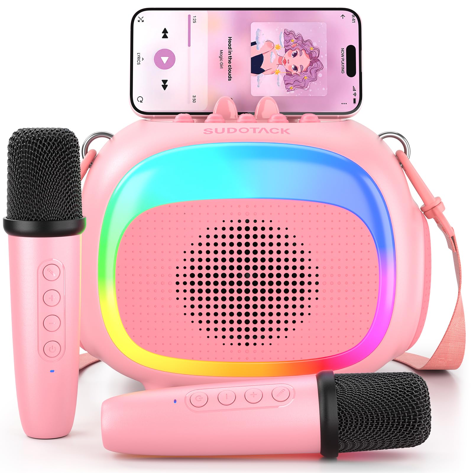 Sudotack Mini Karaoke Machine For Kids, Portable Bluetooth Karaoke Speaker With 2 Wilreless Microphones With Led Lights, Christm