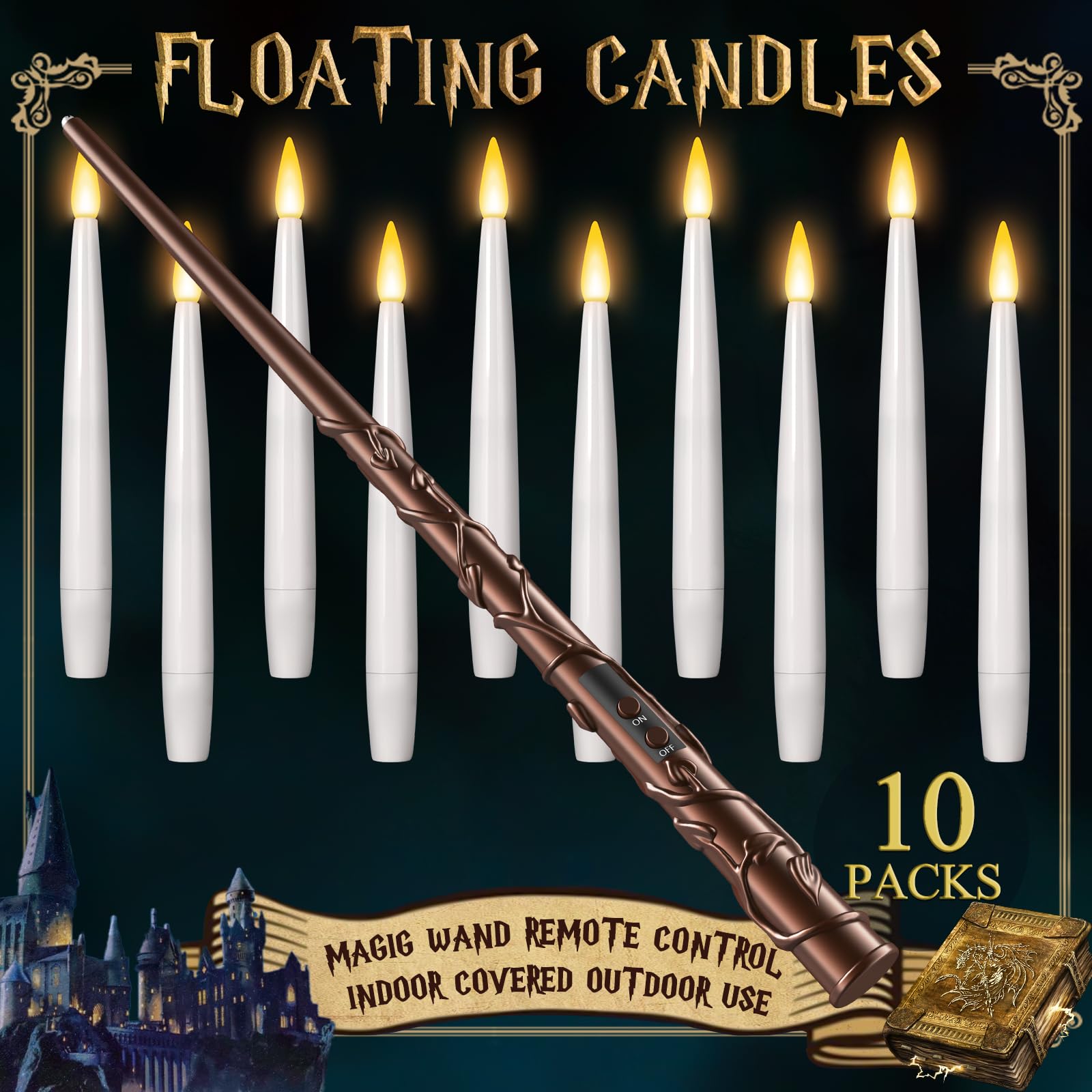Floating Candles With Wand 10Pcs - Magic Hanging Candles Halloween Decorations Flameless Taper Candles With Remote, Floating Lig