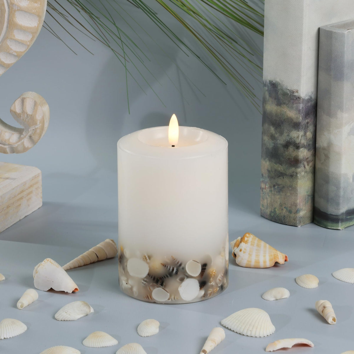 Lumipur Signature Coastal Collection Natural Glow Flickering Flameless Led Wax Pillar Candle With Seashell Embed (White, 3.5'' X
