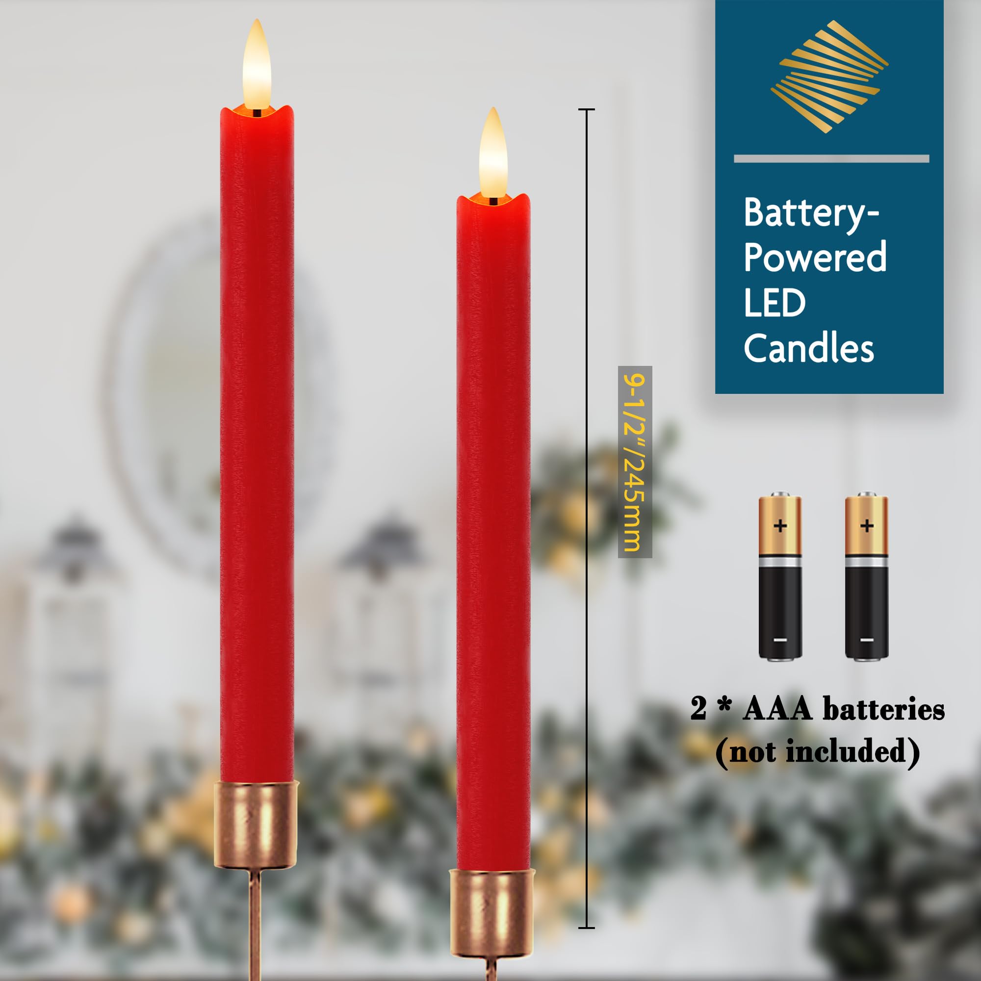 Red Flameless Taper Candles 9.6'' Christmas Led Candles Real Wax With Remote Timer, Battery Operated Led Candles Set With 3D Fli