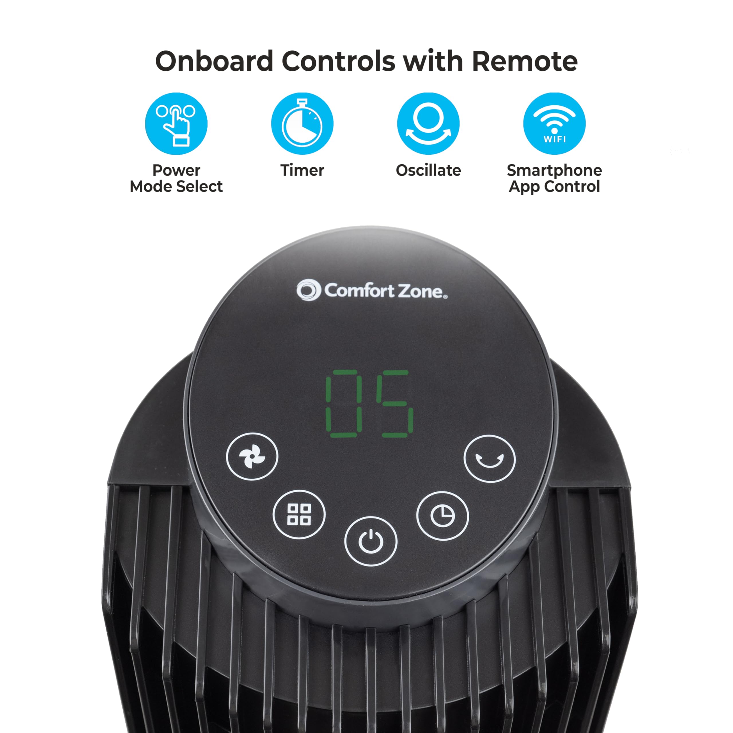 Comfort Zone Tower Fan For Bedroom, 42 Inch, 5 Speeds, 3 Modes, Oscillating Stand Fan With Remote, 12H Timer, Adjustable Base 36