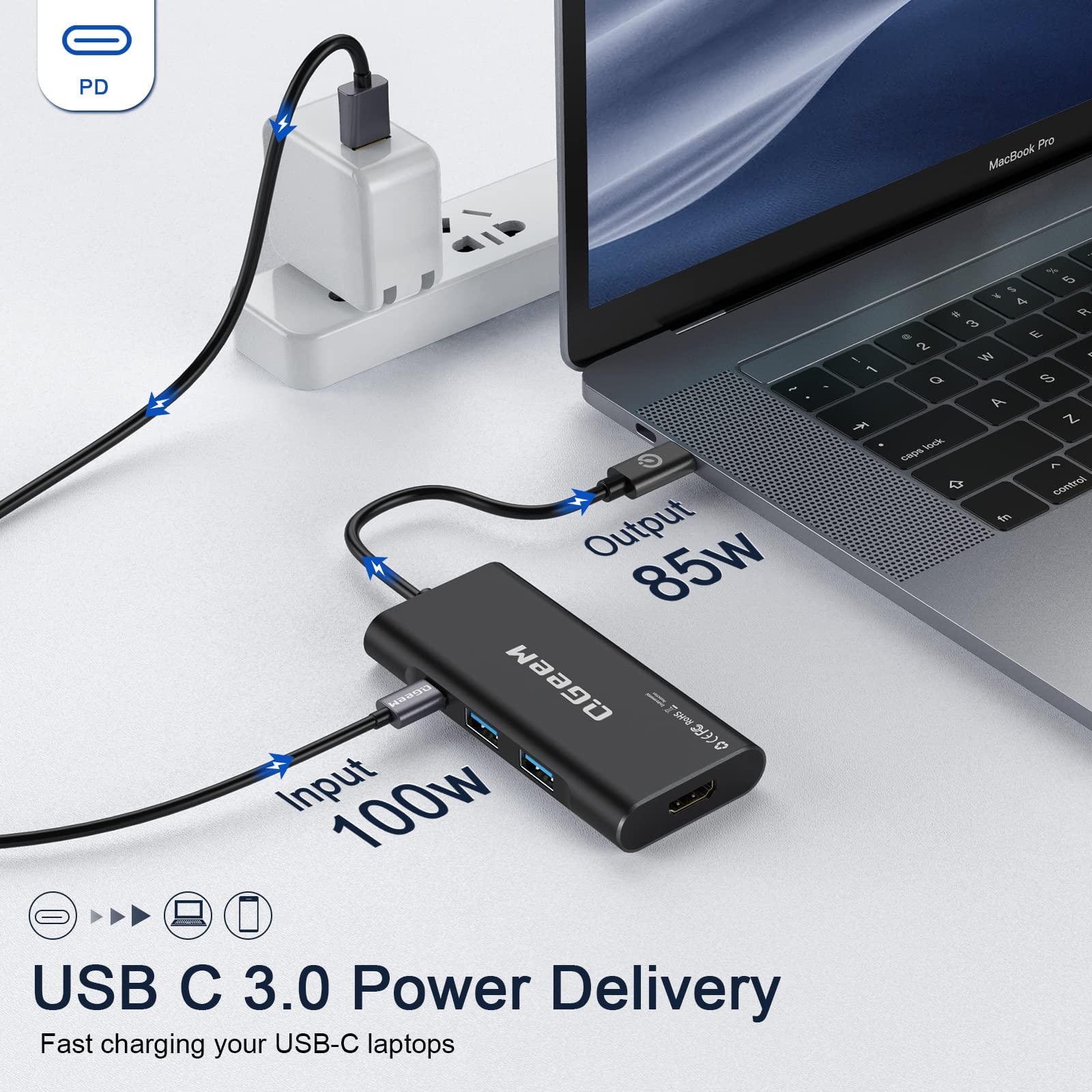 Usb C Hub, Qgeem Usb C To Hdmi Adapter 4K, 7 In 1 Usb C Dongle With 100W Power Delivery,3 Usb 3.0 Ports, Sd/Tf Card Reader, Comp