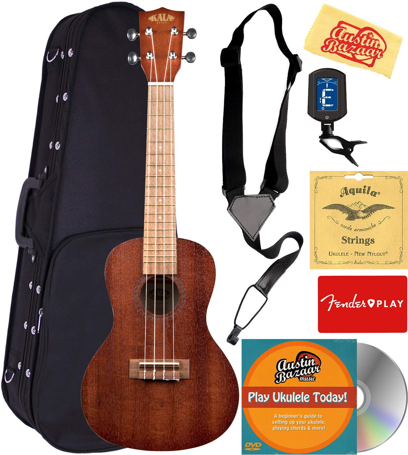 Kala Ka 15S Blk Satin Mahogany Soprano Ukulele   Black Bundle With Hard Case, Tuner, Austin Bazaar Instructional Dvd, And Polish