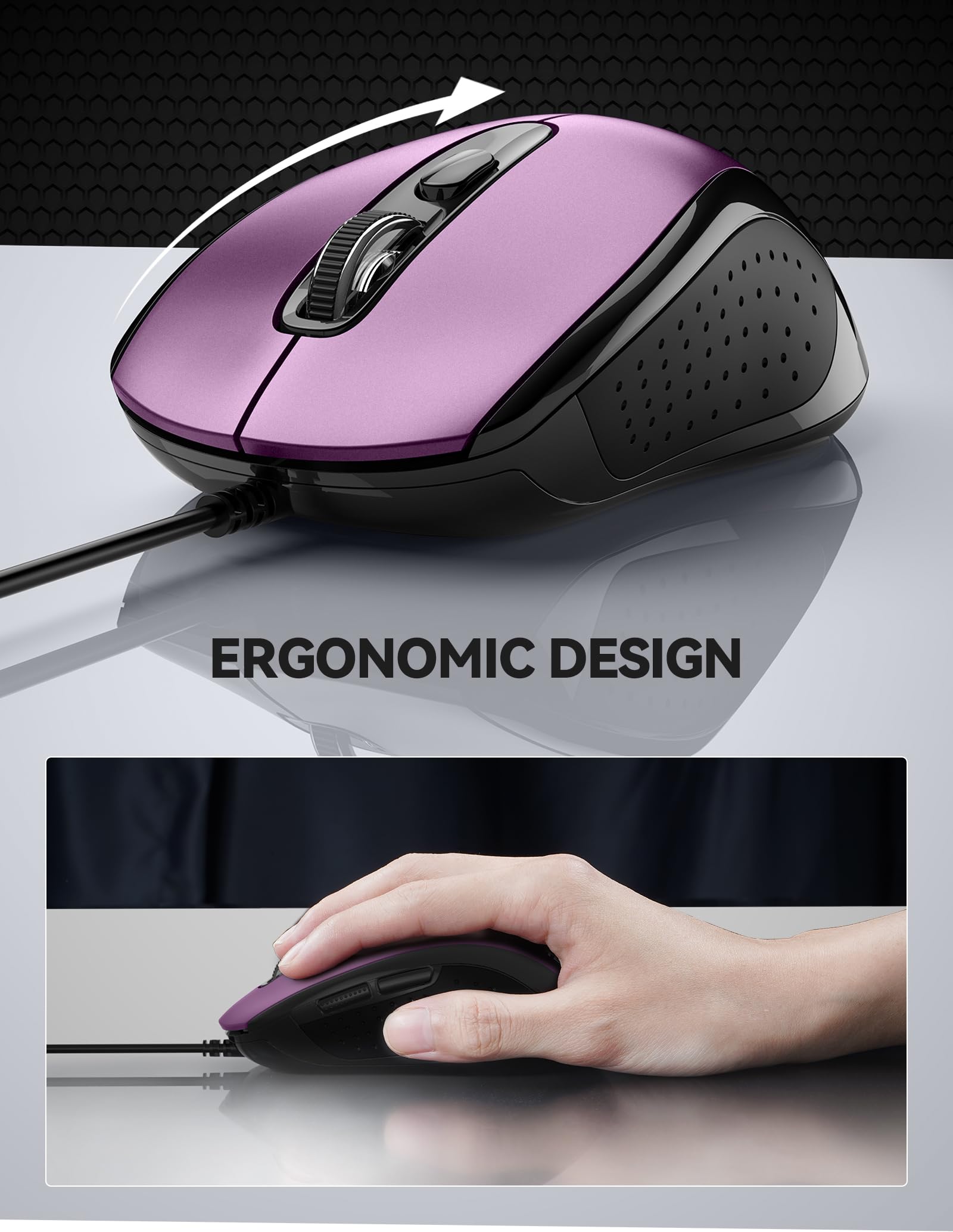 Tecknet Usb Wired Mouse, 3600Dpi Corded Computer Mouse With 4 Adjustable Levels, 6 Button 5Ft Cord Ergonomic Mice, Home And Office Mouse For Laptop Pc Desktop Notebook   Purple