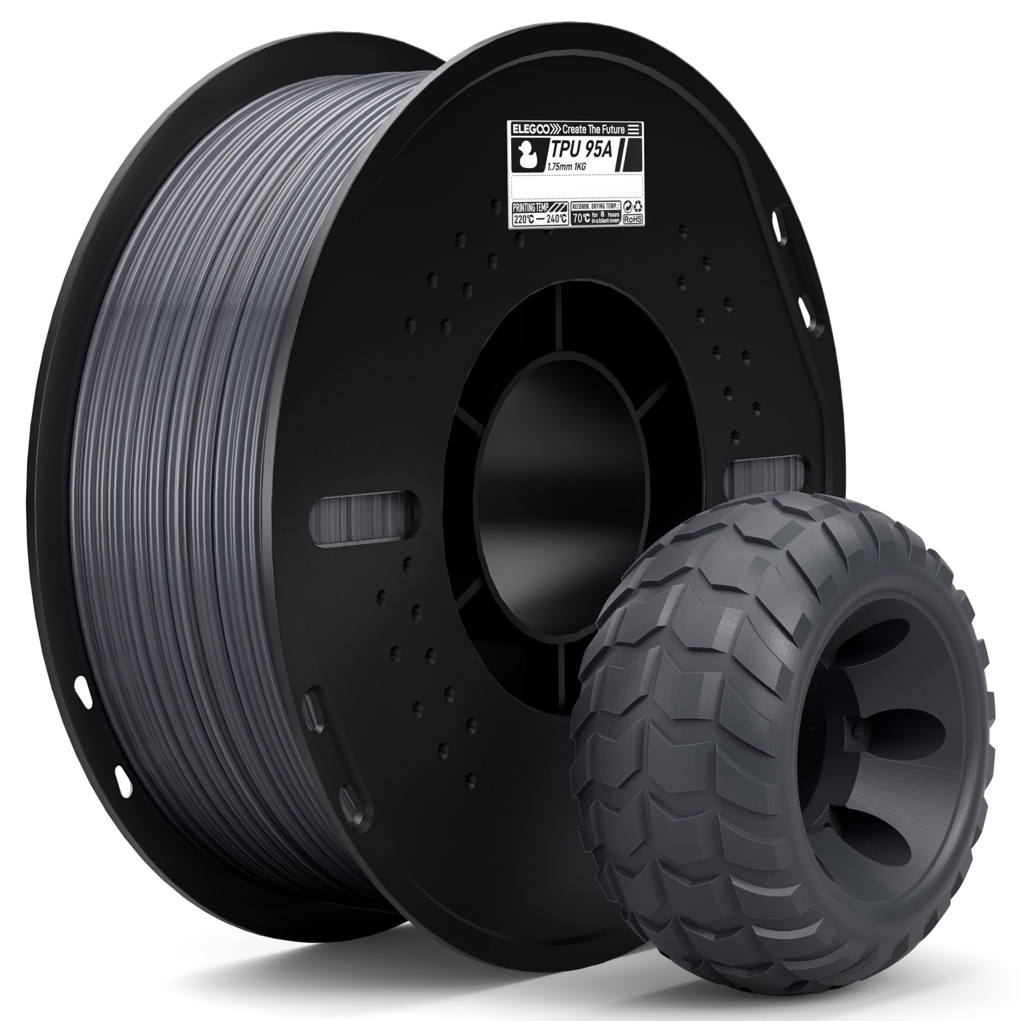 ELEGOO TPU Filament 1.75mm Gray 1KG, 95A Flexible Soft 3D Printing Filament 1KG Spool(2.2lbs) Fits for Most FDM 3D Printers