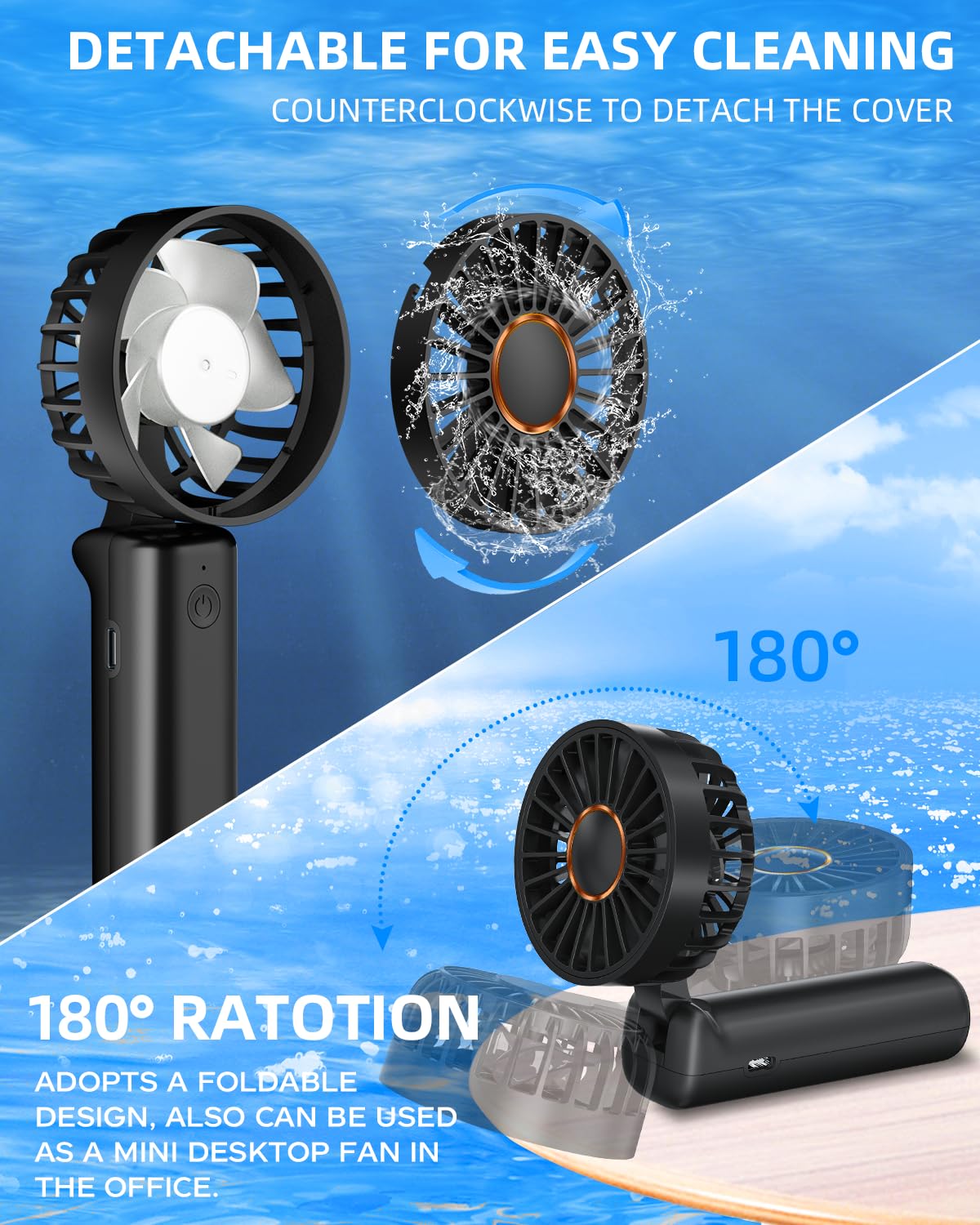 Hssio Portable Handheld Fan, Mini Desk Fan Foldable 2000Mah, 180 Ratotion, 3 Speeds, Ultra Quite, Up To 8H Long Use Time, Small