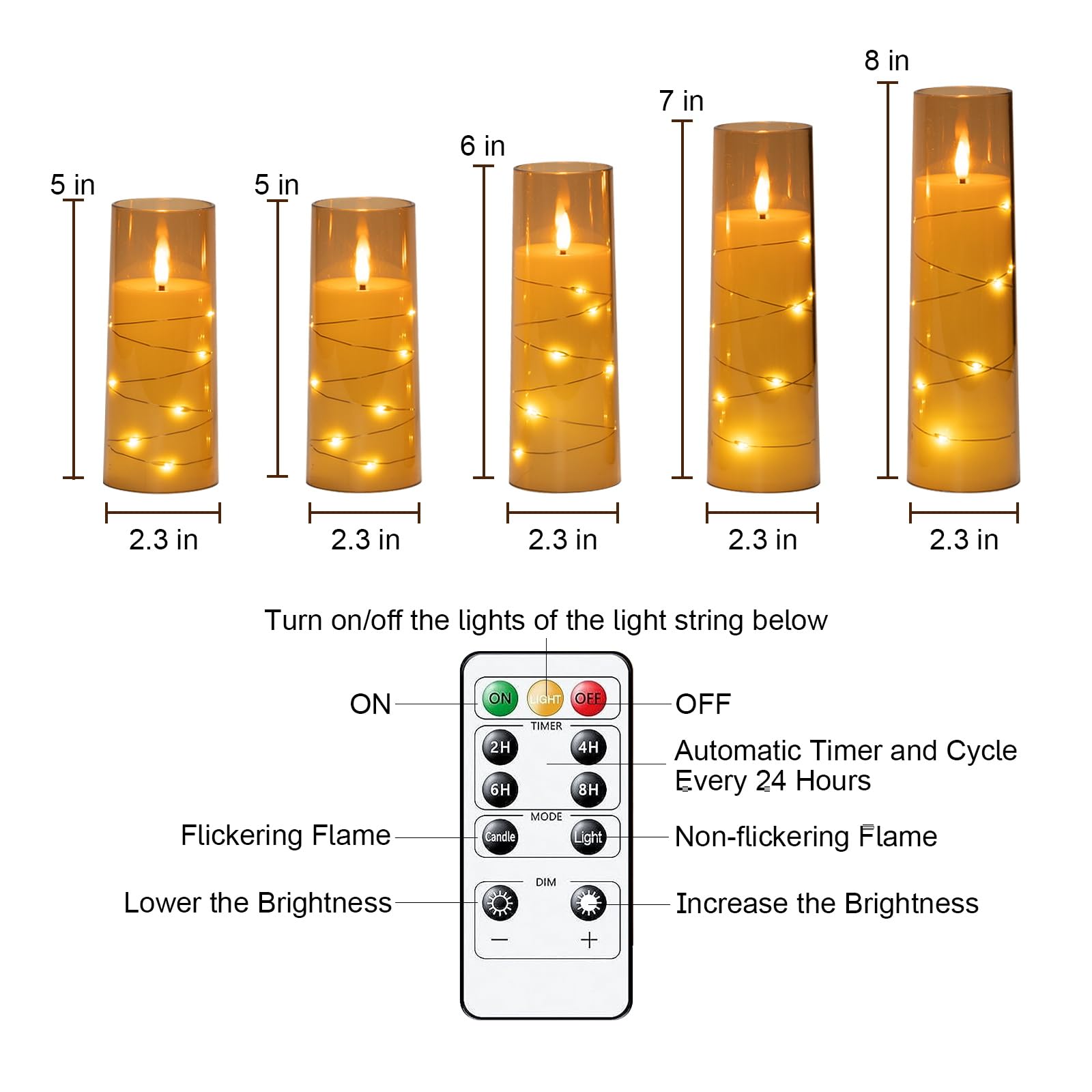 Raycare Flameless Led Candles With Embedded Star String, 5 Pcs Battery Operated Acrylic Pillar Candles With Timer And Remote, Fl