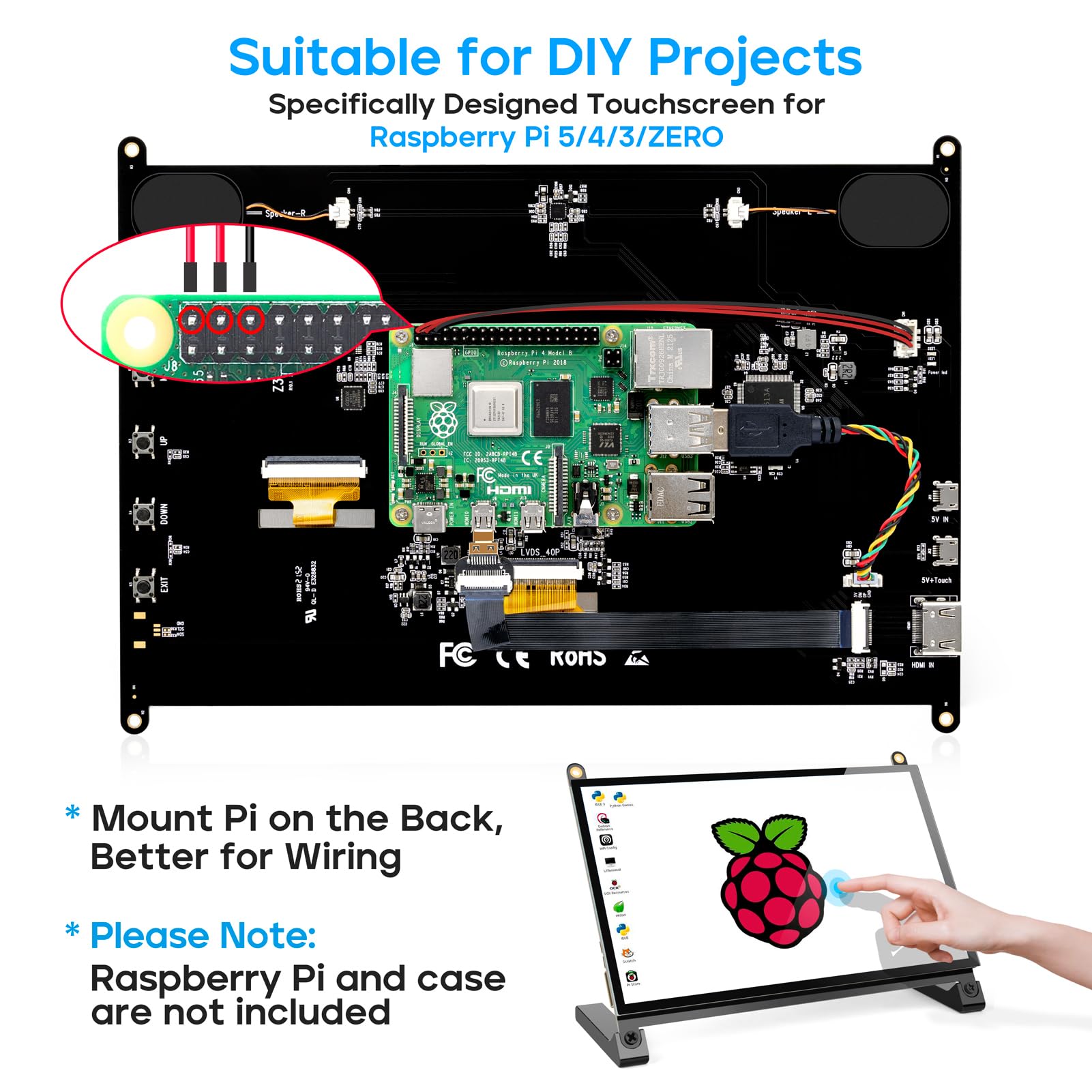 Roadom Raspberry Pi Screen, 10.1 Touchscreen Monitor, Ips Fhd 1024600,Responsive And Smooth Touch,Dual Built In Speakers,Hdmi In