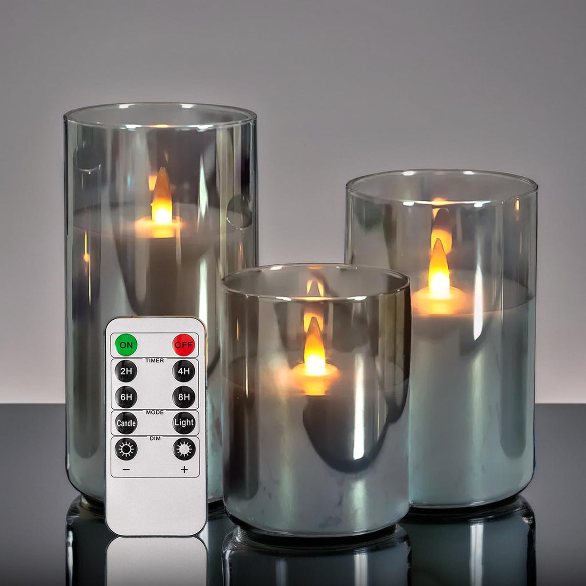 Niceme Grey Glass Flamelss Candles With Remote, Evanescing Radiance Candles Flickering Pillar Candles Battery Operated Real Wax 