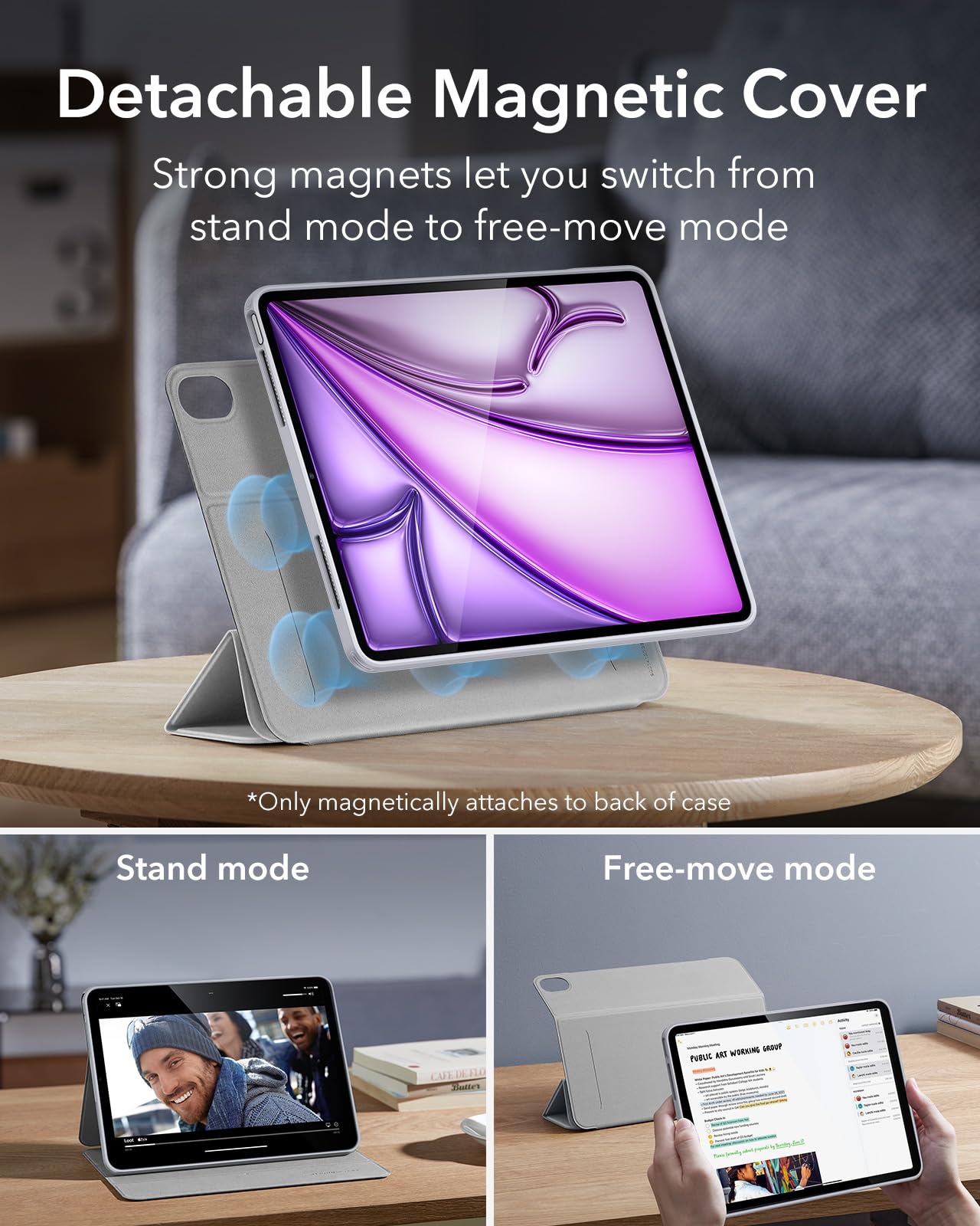 Esr For Ipad Air 13 Inch Case M2(2024), Ipad Air 13 Case With Pencil Holder, Removable Magnetic Cover, Vertical Stand, Fully Supports Pencil Pro And Pencil(Usb C), Rebound 360 Series, Grey