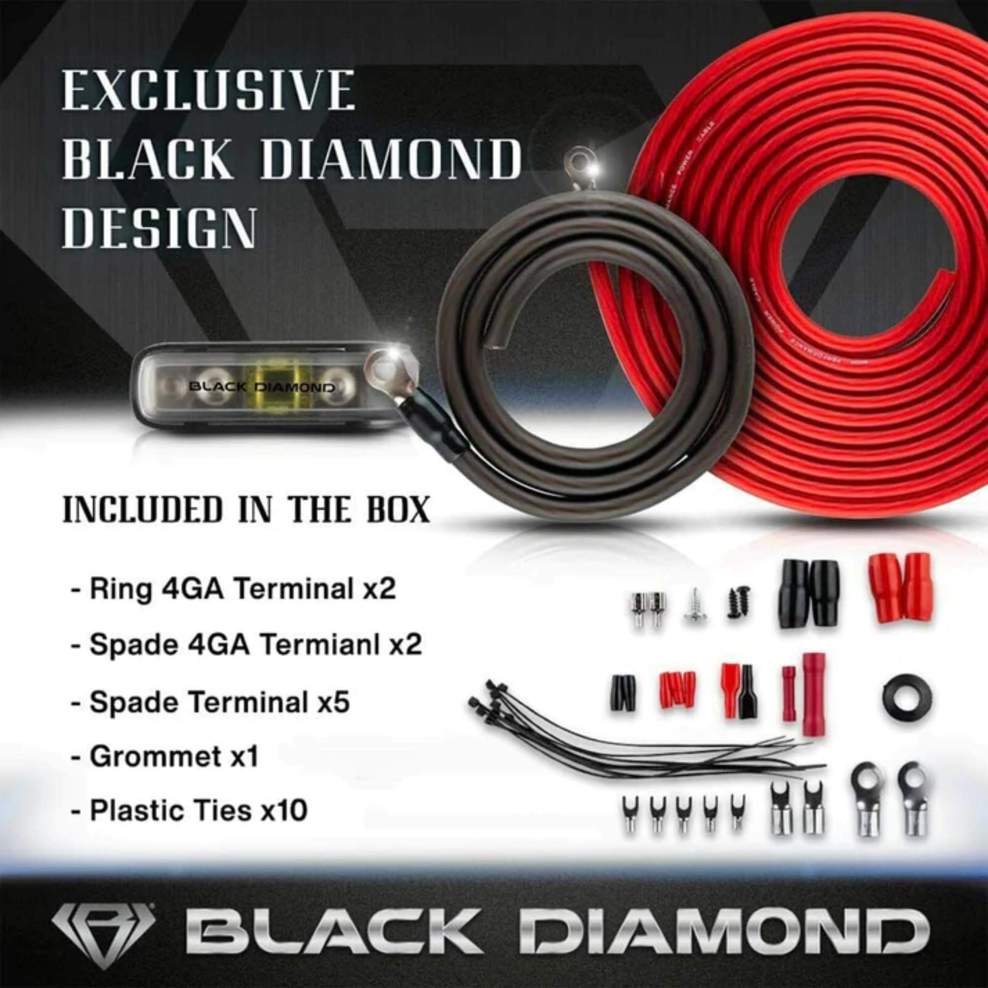 Black Diamond Dia Ak4 Amplifier Wiring Kit 4 Ga (Up To 1680W), Amp Wire Kit, Super Flex, Complete 4 Gauge Cca Amp Wiring Kit For
