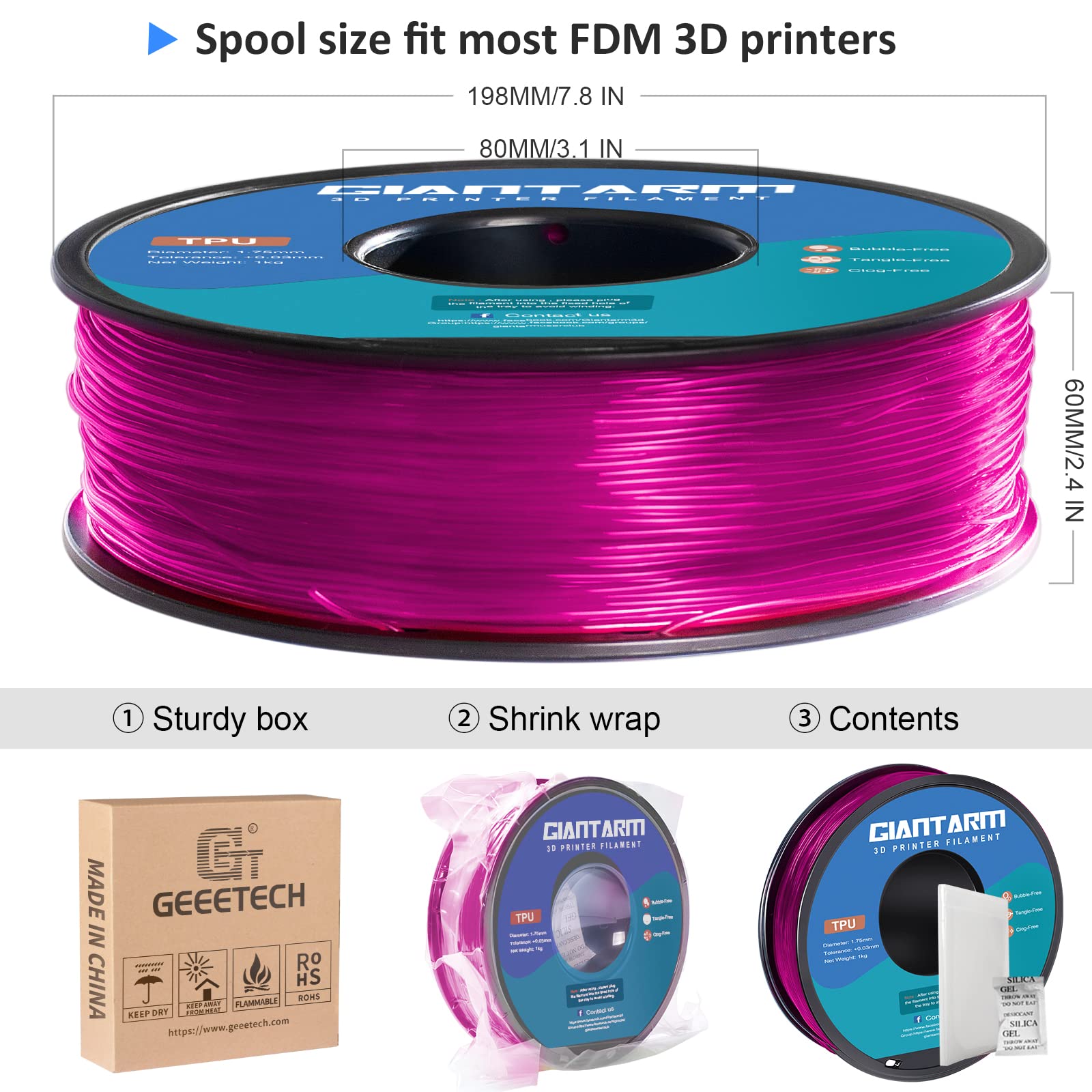 Giantarm Tpu Filament 1.75Mm Flexible Soft 3D Printer Consumables Pink,95A 1Kg Spool (2.2 Lbs.), Dimensional Accuracy +/  0.05 M