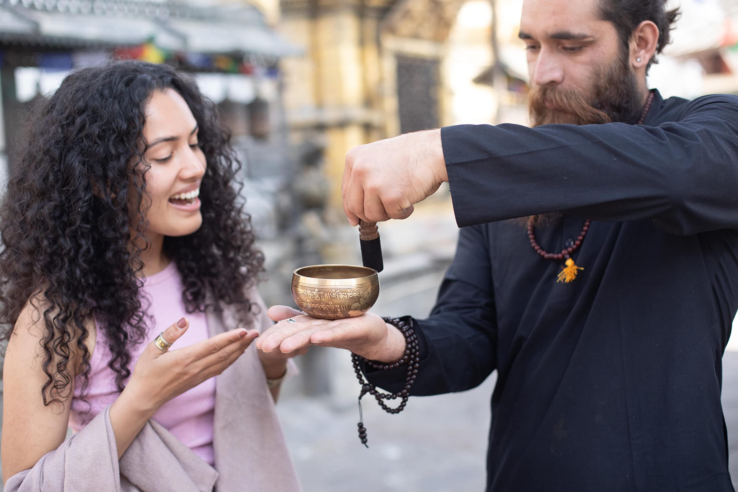 Tibetan Singing Bowl Set - Bronze Master Grade With Pure Tone & Thangka Art - Handmade In Nepal By Himalayan Bazaar (Gold & Yell