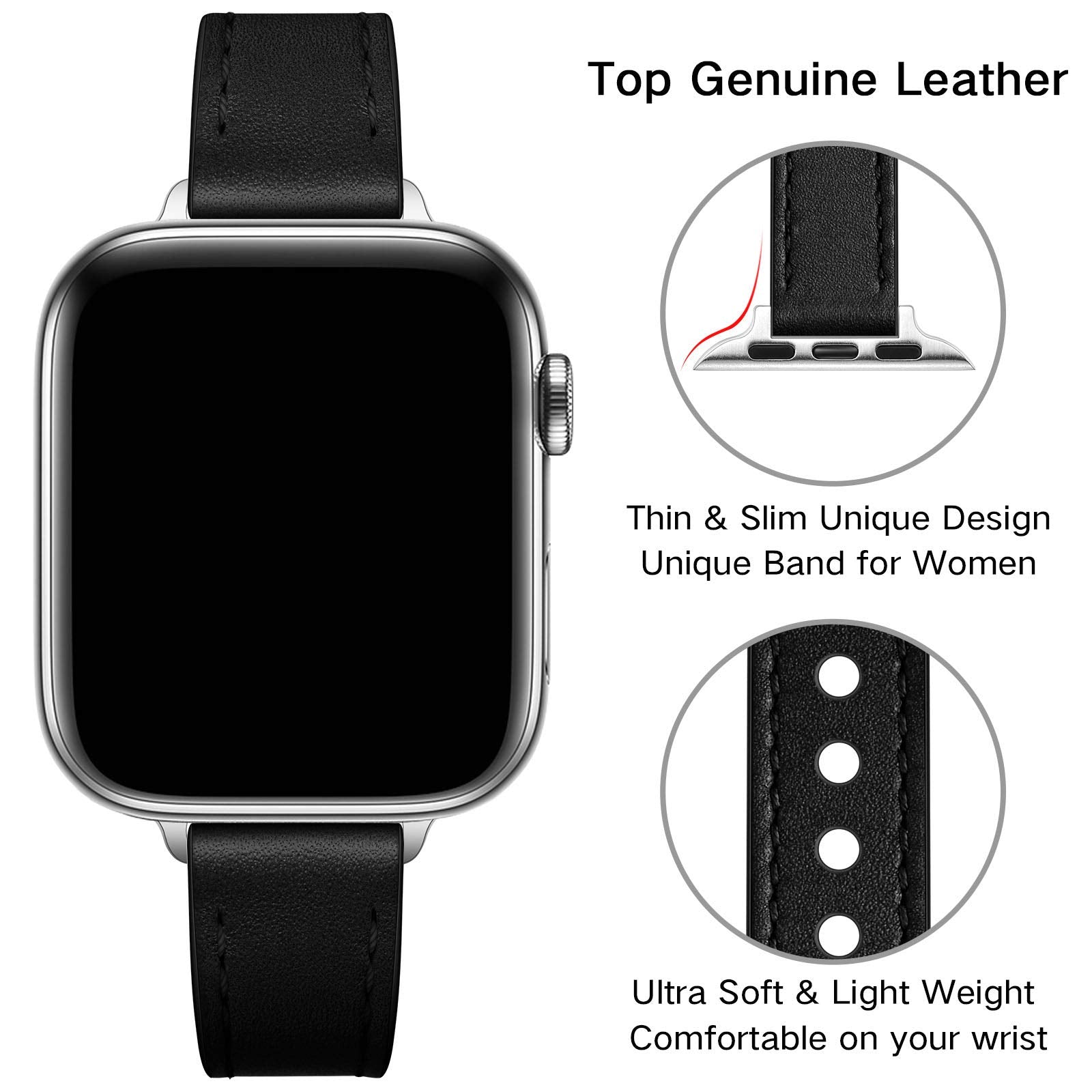 Ouheng Slim Band Compatible With Apple Watch Band 42Mm (Series 10) 41Mm 40Mm 38Mm, Women Genuine Leather Band Replacement Thin S