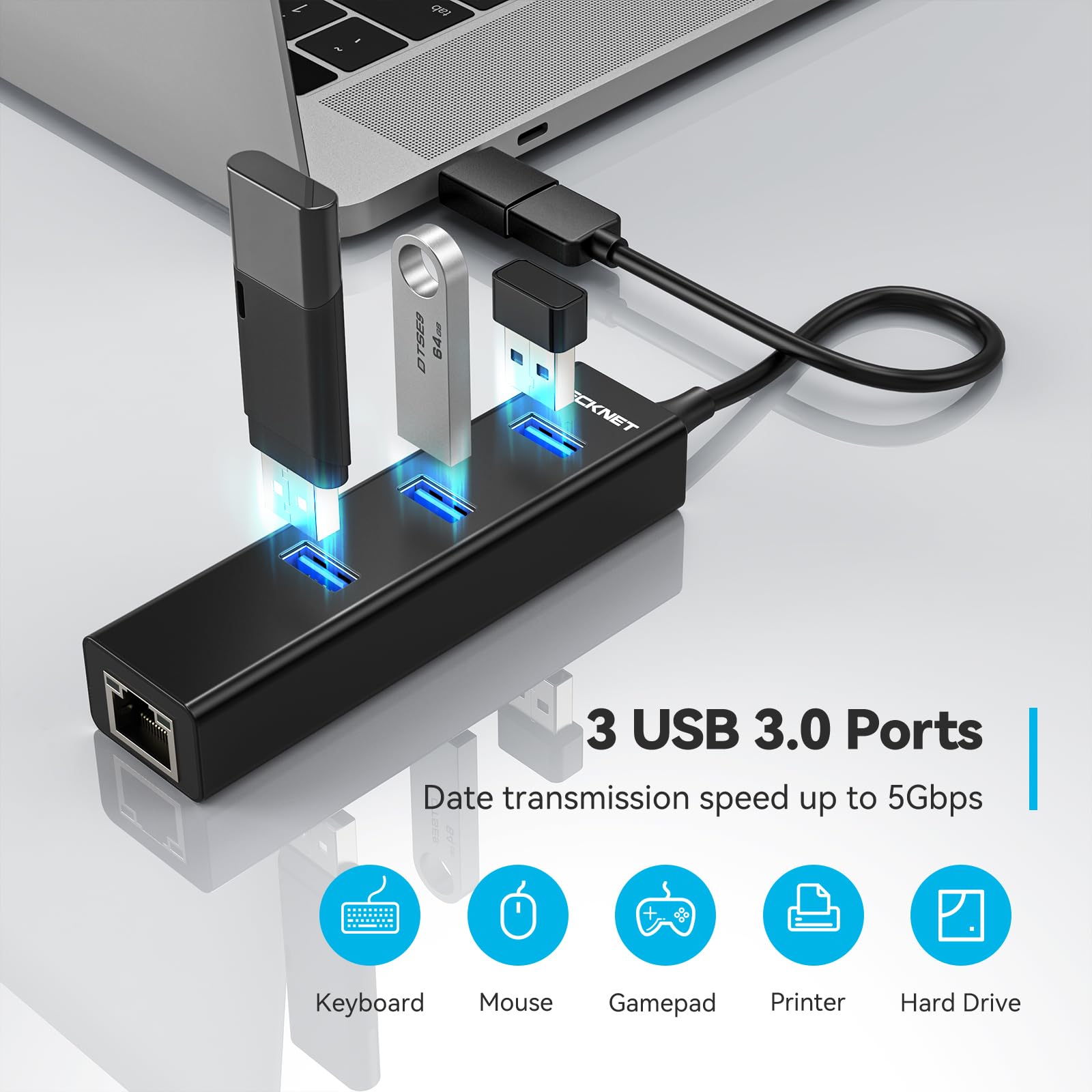 Tecknet Usb To Ethernet Adapter, Usb C To Ethernet, Aluminum 3 Port Usb 3.0 Hub With Rj45 10/100/1000 Gigabit Ethernet Adapter C