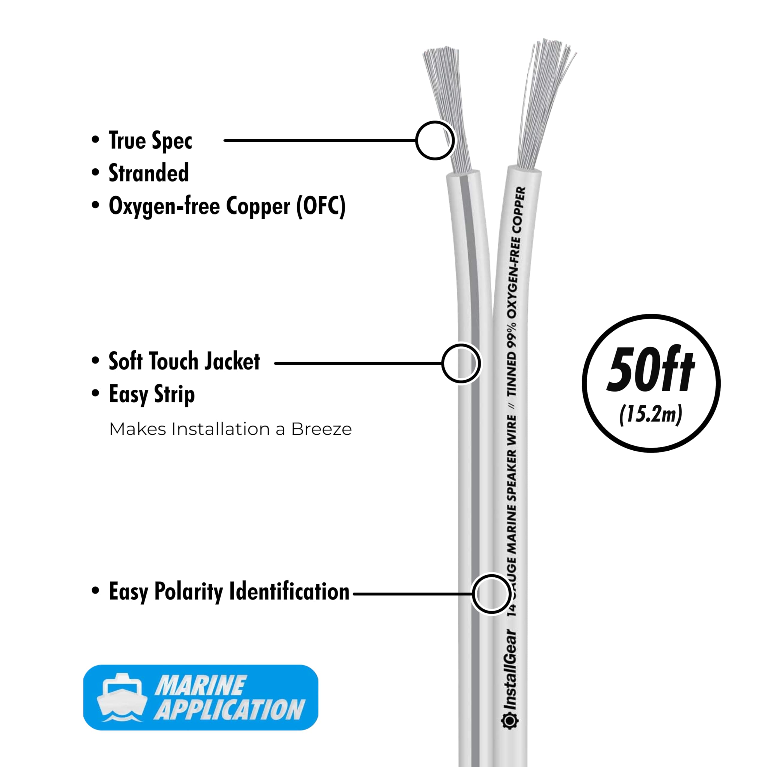 Installgear 14 Gauge Tinned Ofc Heavy Duty Boat Marine Speaker Wire, 50 Feet | White Speaker Cable | Ofc Speaker Wire 14 Gauge |