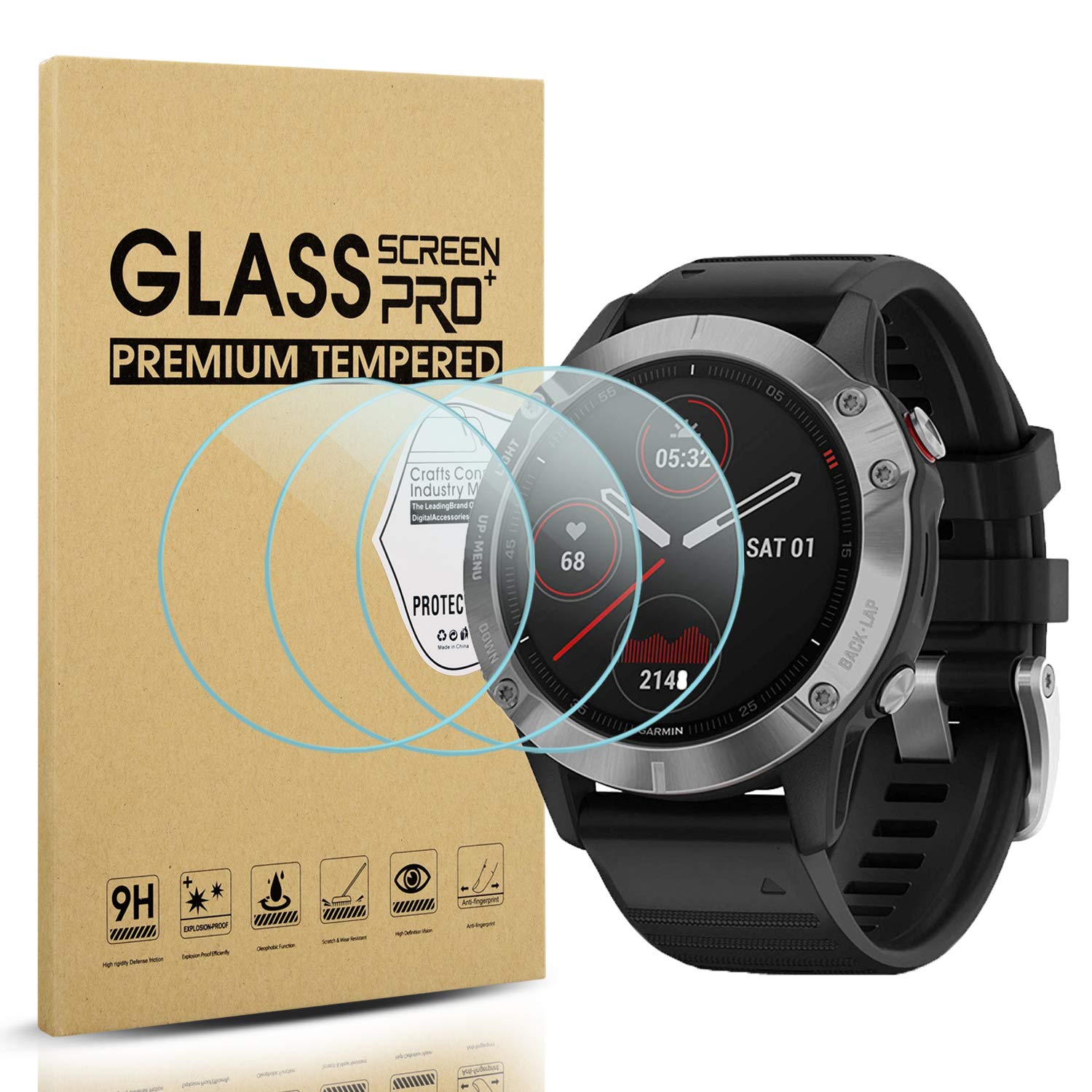 Suoman 3 Pack For Garmin Fenix 6 Screen Protector Tempered Glass For Garmin Fenix 6/6 Pro / 6 Sapphire / 6 Pro Solar, [Anti Scra
