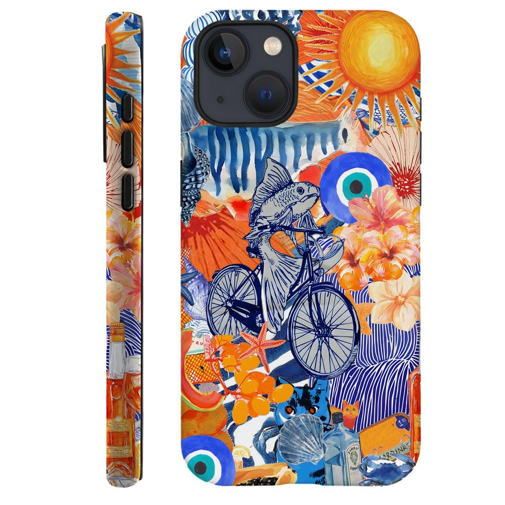 Case for iPhone 14 Plus,Fits Frosted Case Design for Girl Women,Collage Blue Fish Beach Bike Flower
