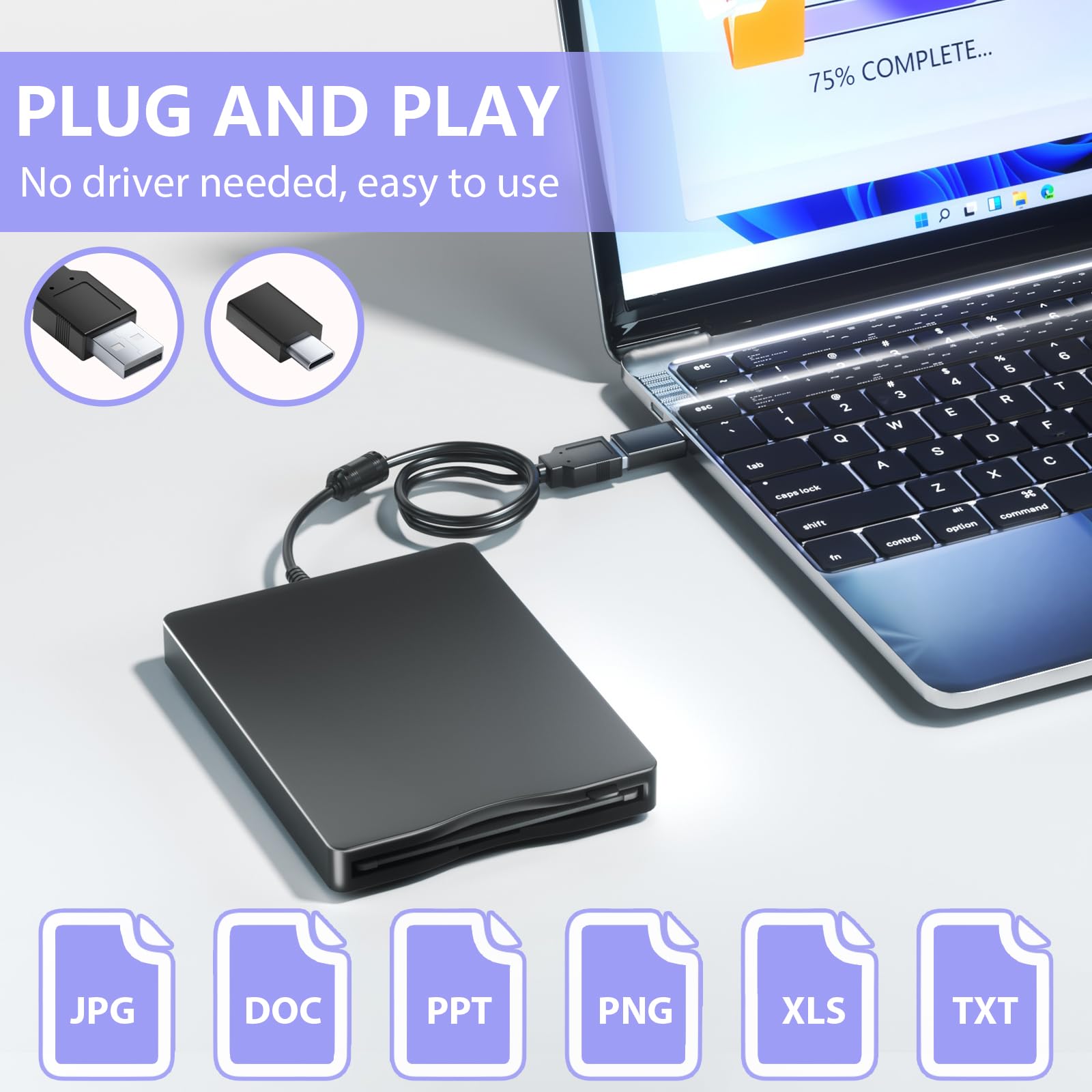 Yaeonku 3.5" USB Type C External Floppy Disk Drive 1.44MB FDD Black