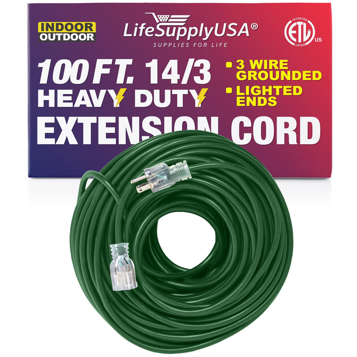 100 Ft Power Extension Cord Outdoor & Indoor Heavy Duty 14 Gauge/3 Prong Sjtw (Green) Lighted End Extra Durability 13 Amp 125 Vo