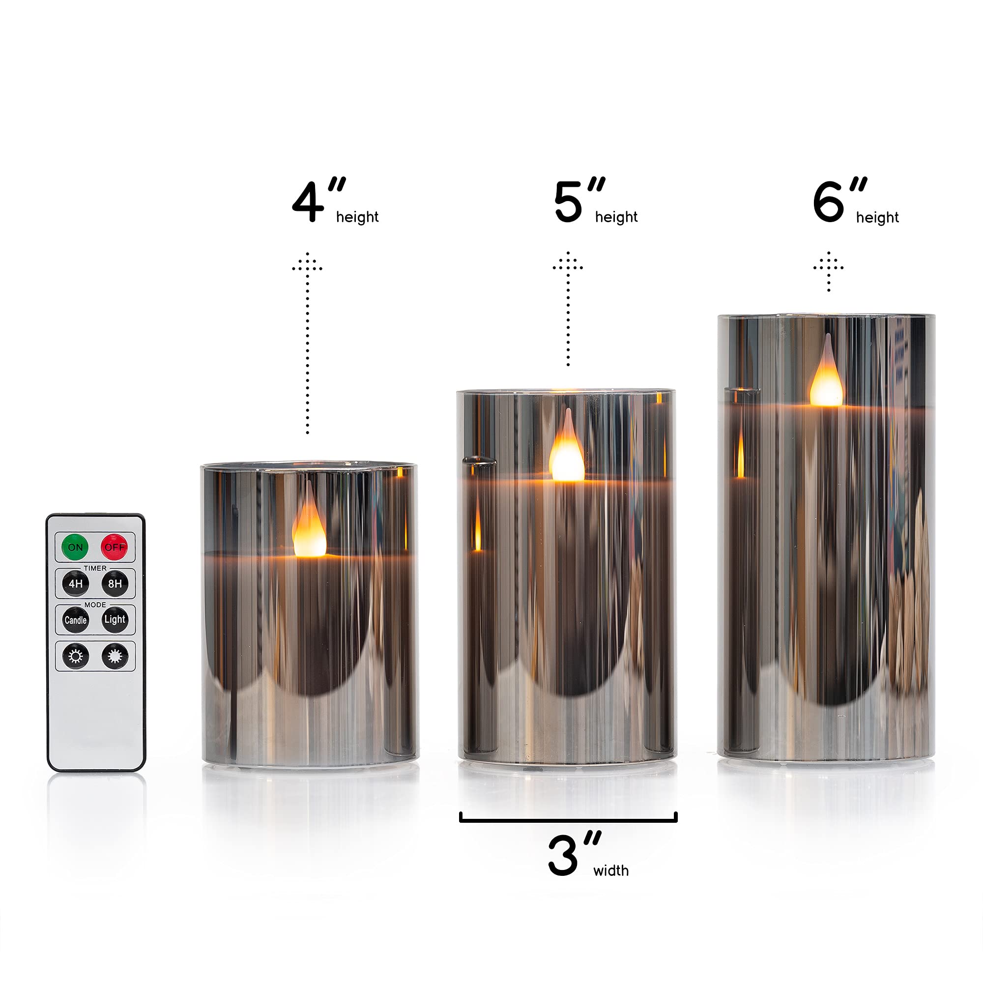 Wyzworks Silver Gray Metallic Led Tinted Glass Mirrored Flickering Flameless Pillar Candles, Set Of 3 W/Remote Control, Timer, R