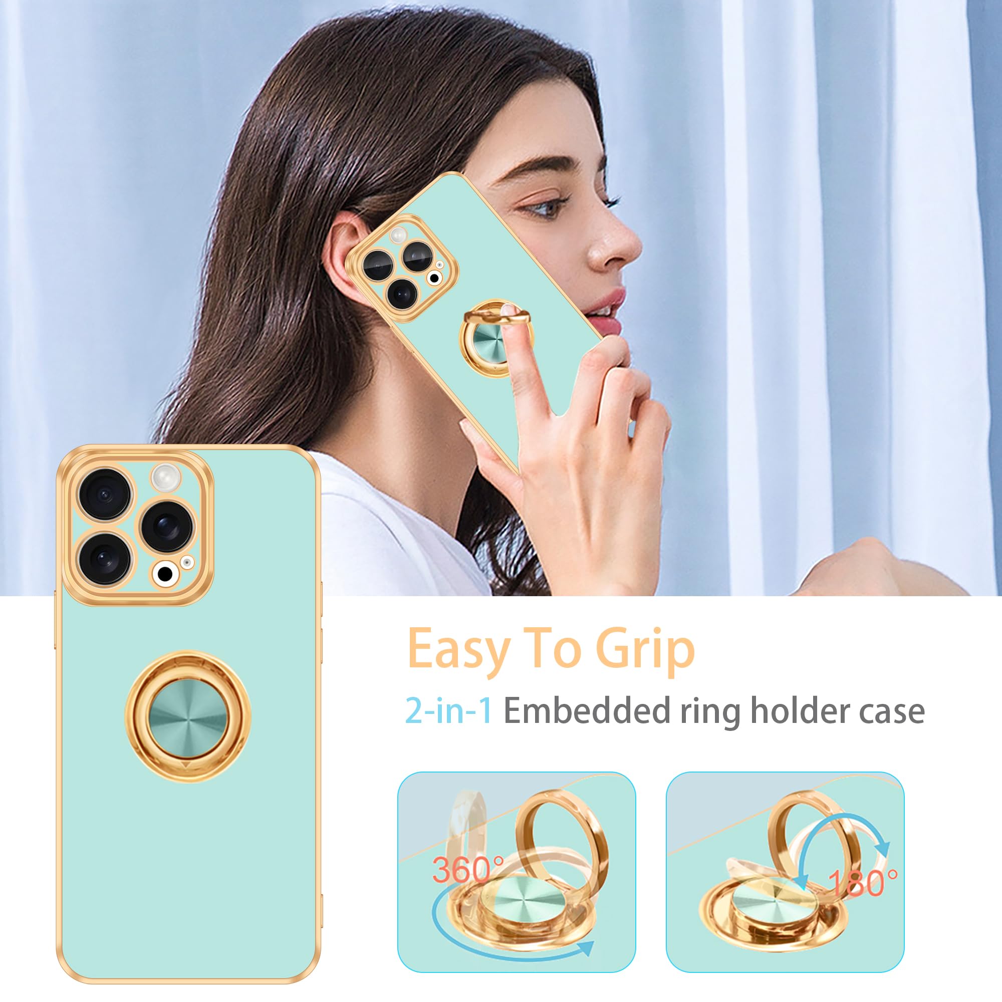 Fingic For Iphone 15 Pro Max Phone Case[With 360 Ring Holder][Support Magnetic Car Mount]Cute Kickstand Slim Women Girls Nonslip