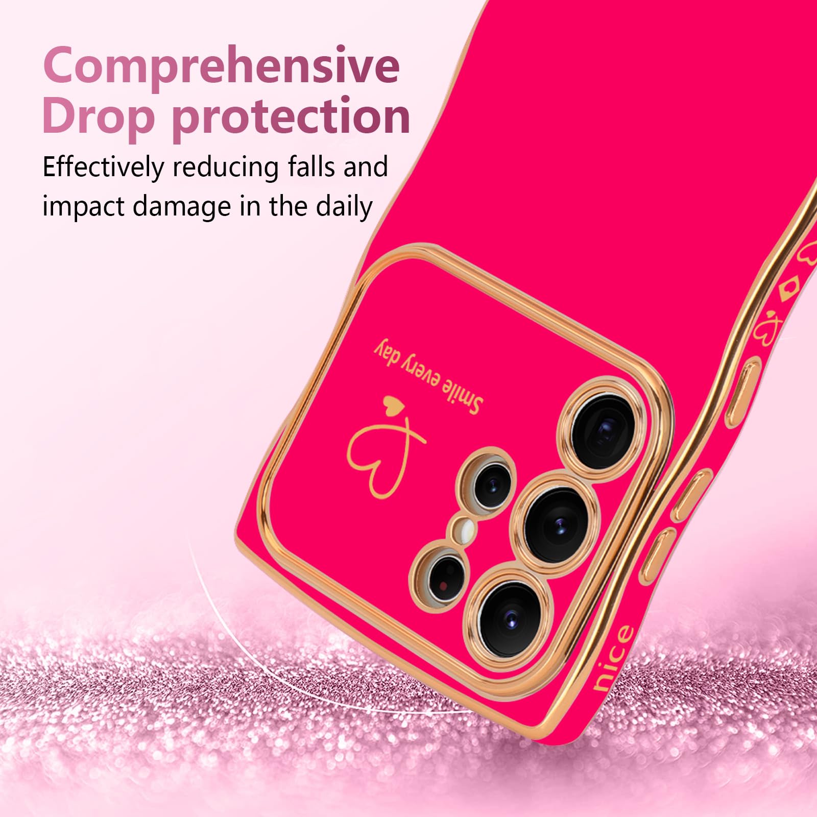 Lchulle For Samsung Galaxy S22 Ultra Case For Women Girls, Cute Wave Frame Curly Shape With Love Heart Camera Protection Cover L