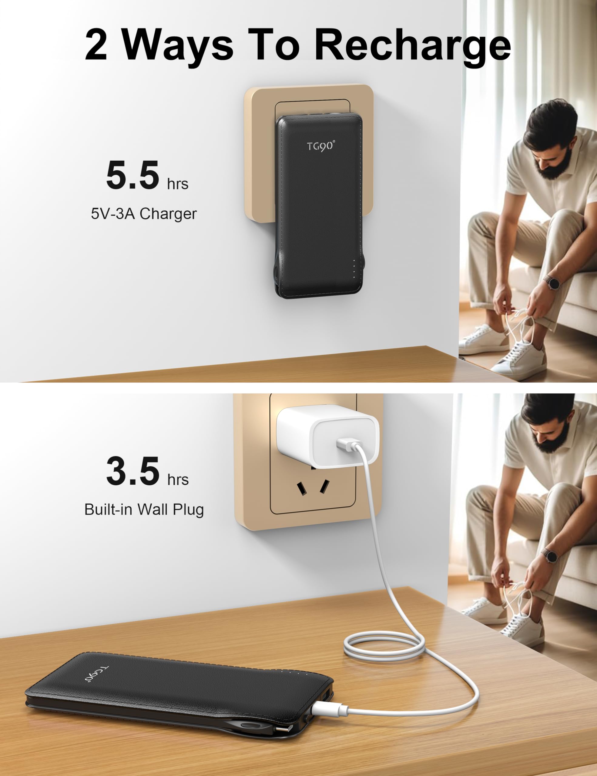 Tg90 10000Mah Portable Charger With Built In Foldable Ac Wall Plug And Cables, Ultra Slim Usb C Power Bank External Battery Pack