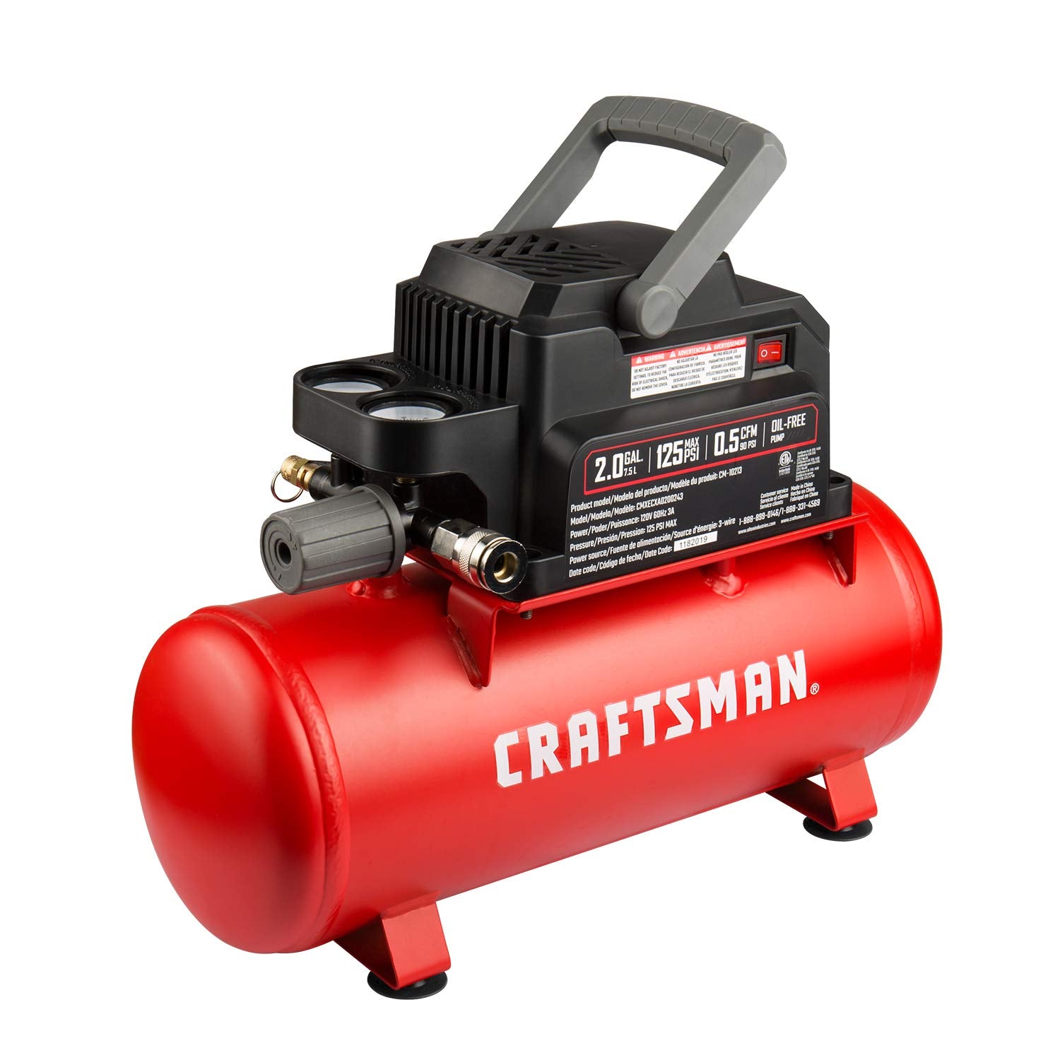 Craftsman Air Tools, 2 Gallon Portable Air Compressor 1/3 Hp Oil Free Max 125 Psi Pressure, Hot Dog, Model: Cmxecxa0200243