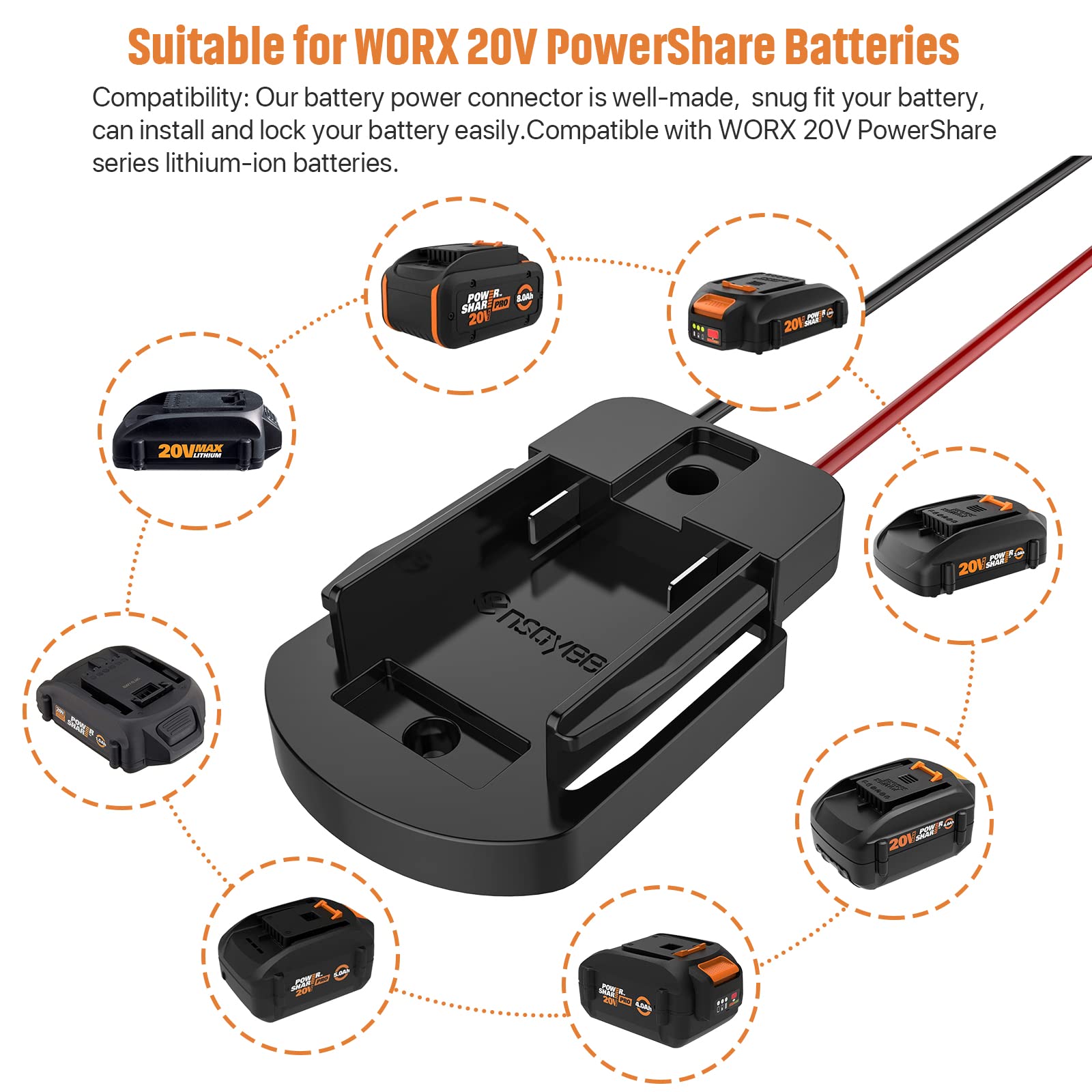 Power Wheel Adapter With Fuse & Switch, Secure Battery Adapter For Worx 20V Powershare Lithium Battery, With 12 Gauge Wire,Good