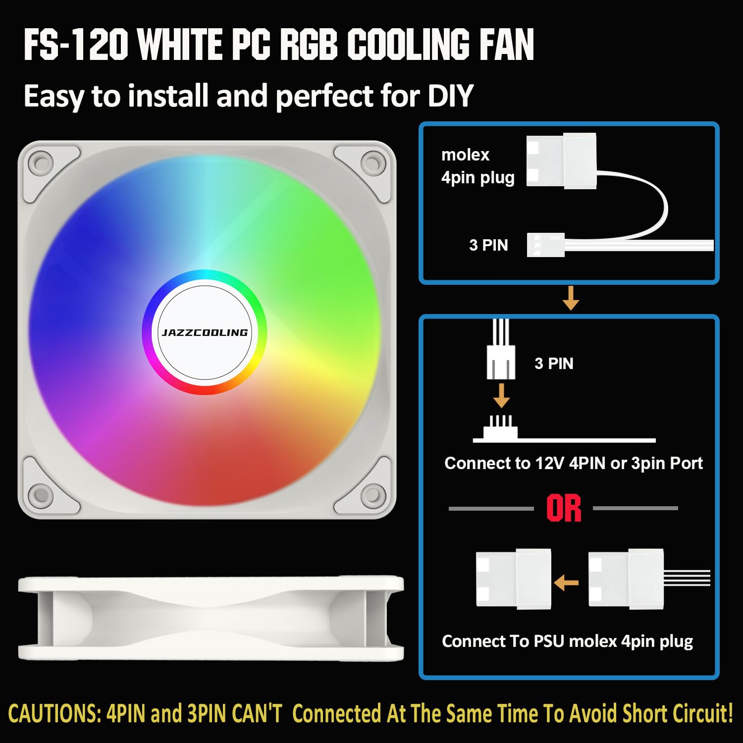 120Mm Case Fan 3 Pack White Rgb Fans, Fs 120W 120Mm Cooling White Pc Fans, Hydraulic Bearing   Low Noise Pc Fans 120Mm With 12V