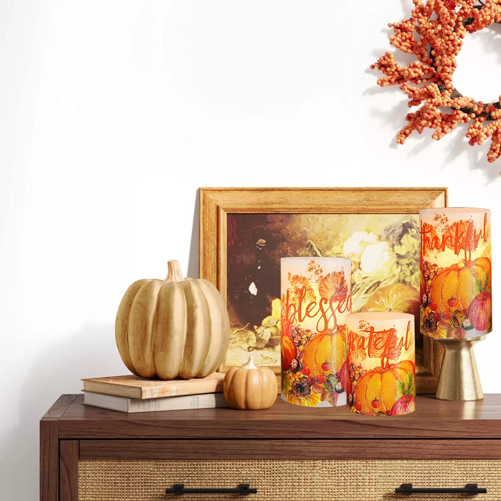 Petristrike Fall Decor Flameless Candles, Autumn Harvest Maple Leaf Pumpkin Led Candles, Battery Candle With Remote & Timer, Rea