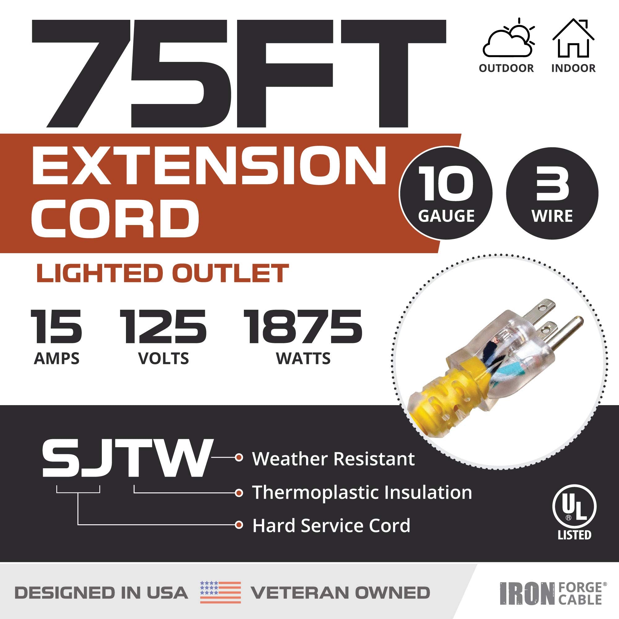 Iron Forge Cable 10 Gauge Extension Cord 75 Ft, 10/3 Heavy Duty Extension Cord Outdoor 3 Prong, Weatherproof Yellow Power Cable