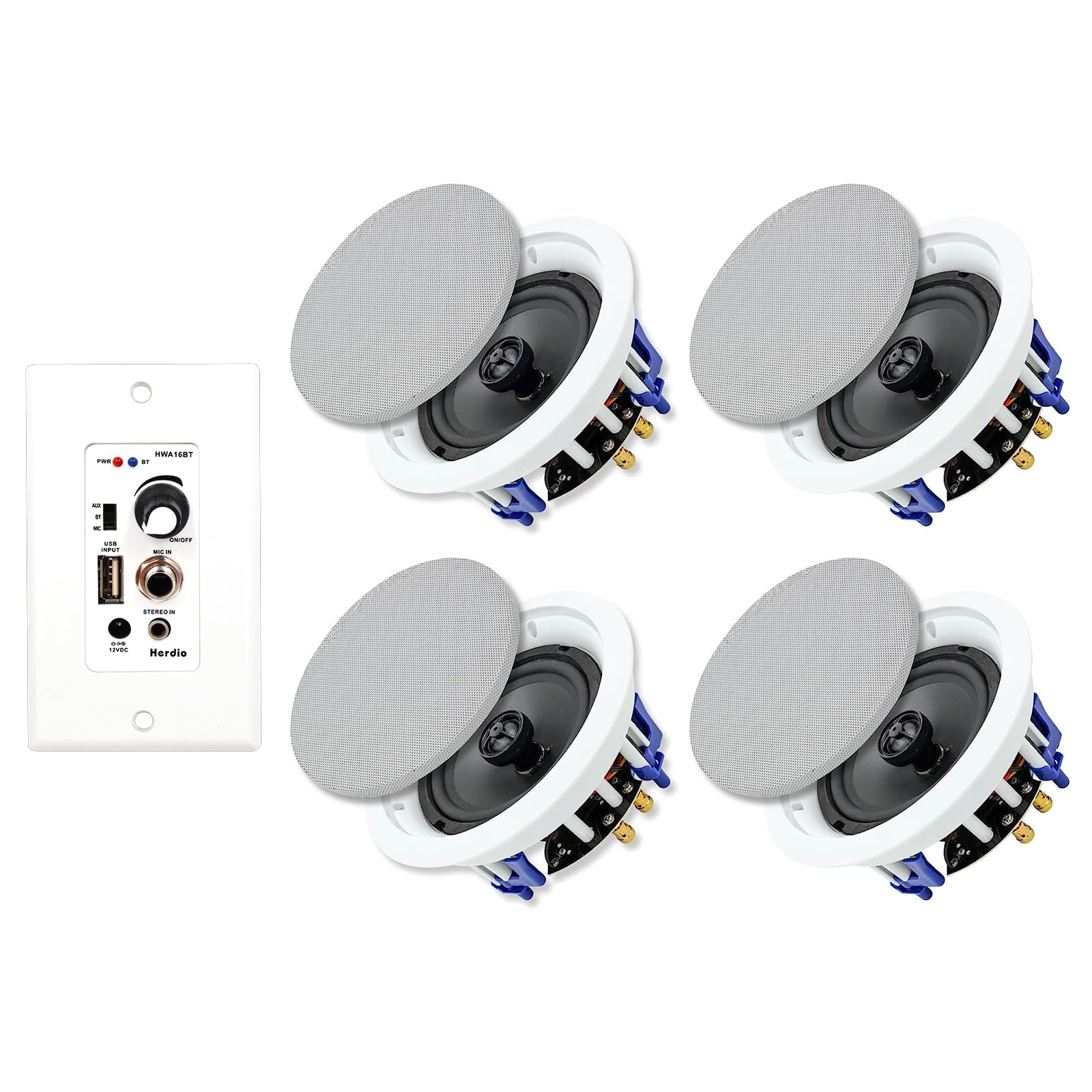 Herdio 5.25 Inch Bluetooth Ceiling Speakers Max Power 600W 2 Way Flush Mount Plus Wall Mount Amplifier Receiver Perfect For Home