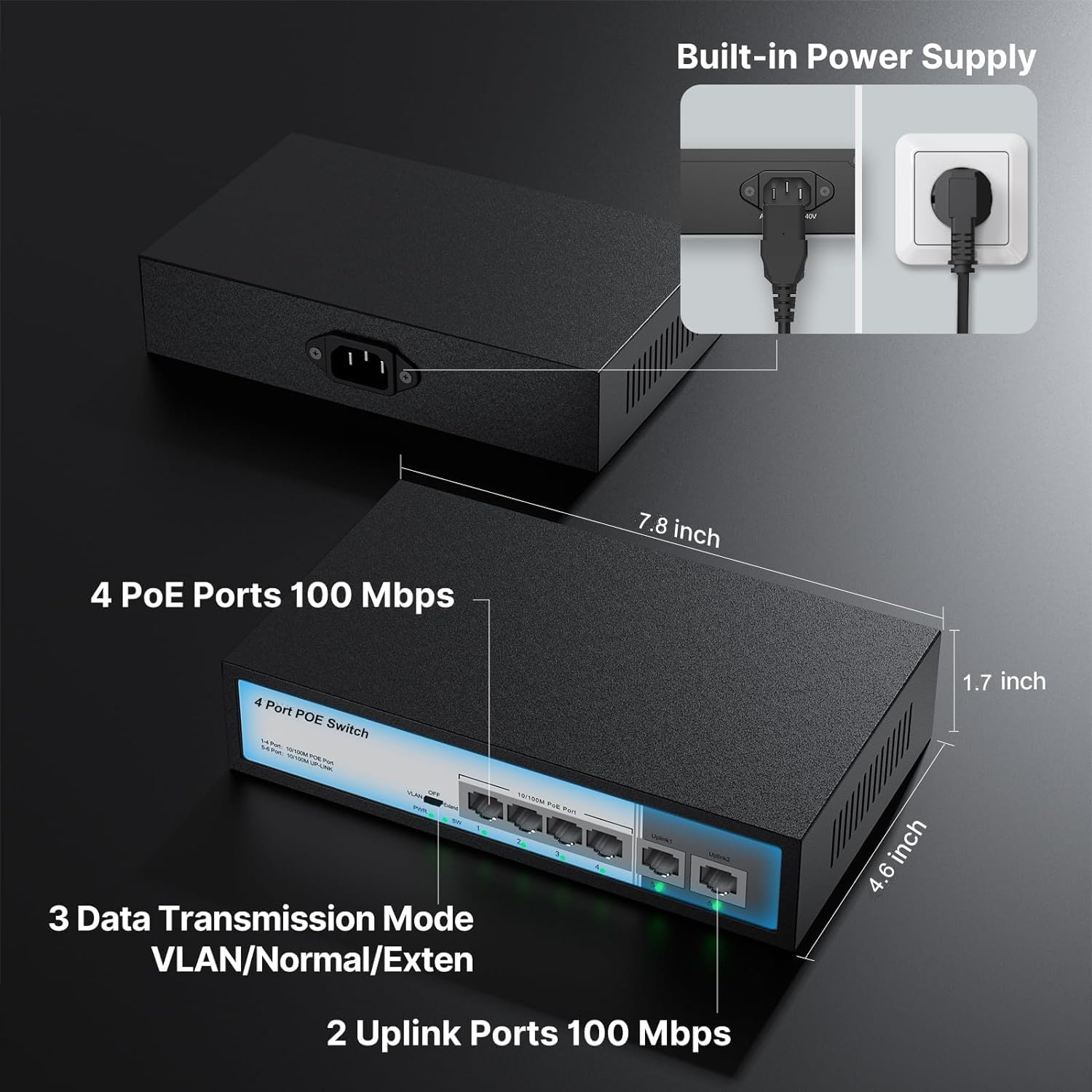6 Port Poe Switch, 4 Ports 10/100Mbps Poe+ 2 Ethernet Uplink, Total Power Budget 65W, 803.Af/At Compliant, Compatible With Ip Ca