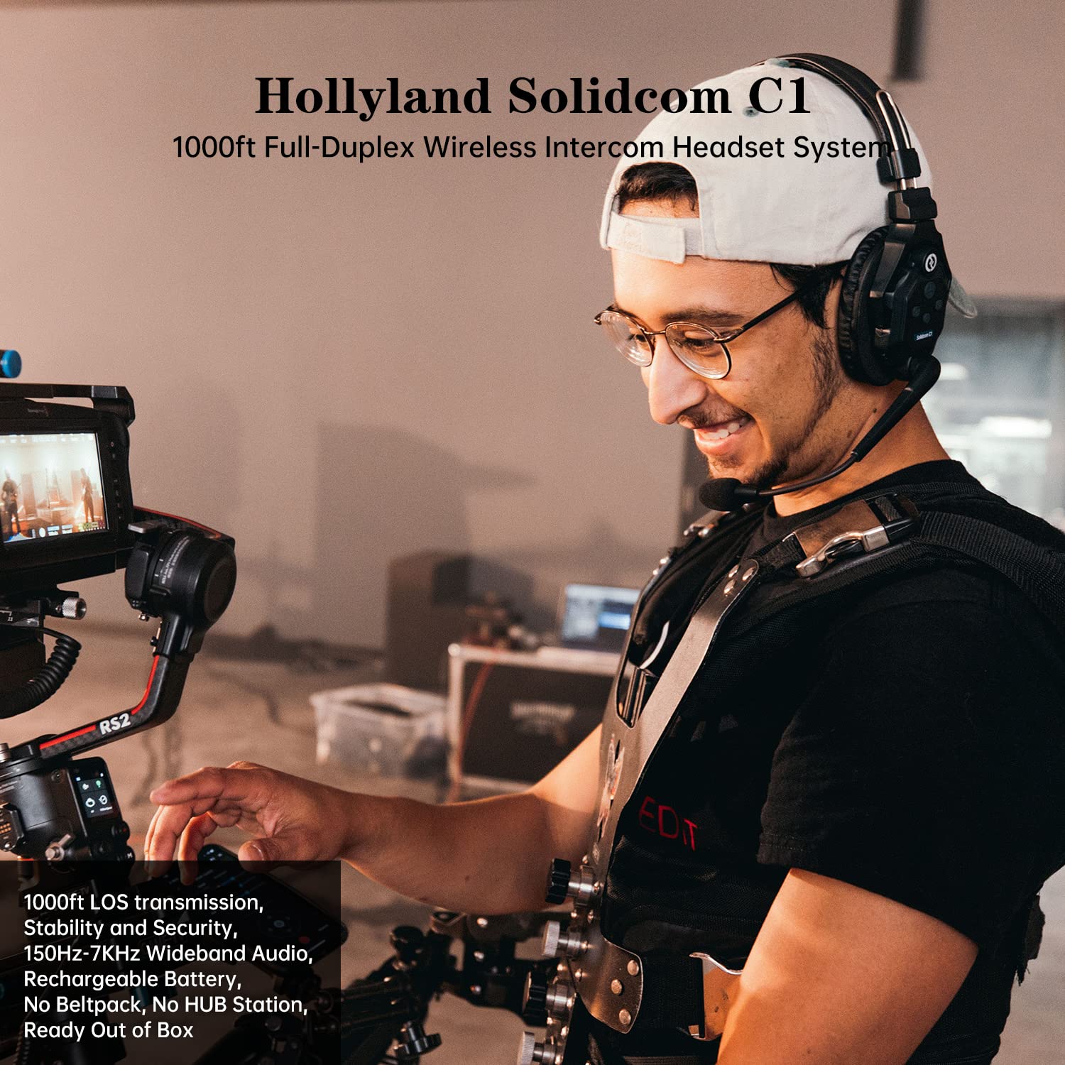 Hollyland Solidcom C1 Full Duplex 2 Users Wireless Headset Intercom System 1100Ft Single Ear Headset Headphone Microphone With 4