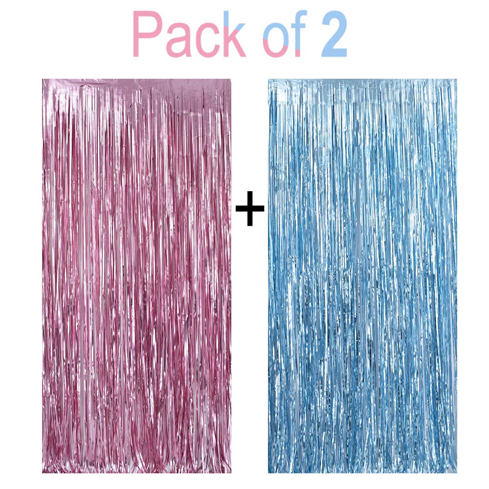 Metallic Tinsel Foil Fringe Curtains 3.2 Ft X 6.6 Ft Baby Shower Gender Reveals Party Decoration Party Photo Backdrop (Pink/Blue