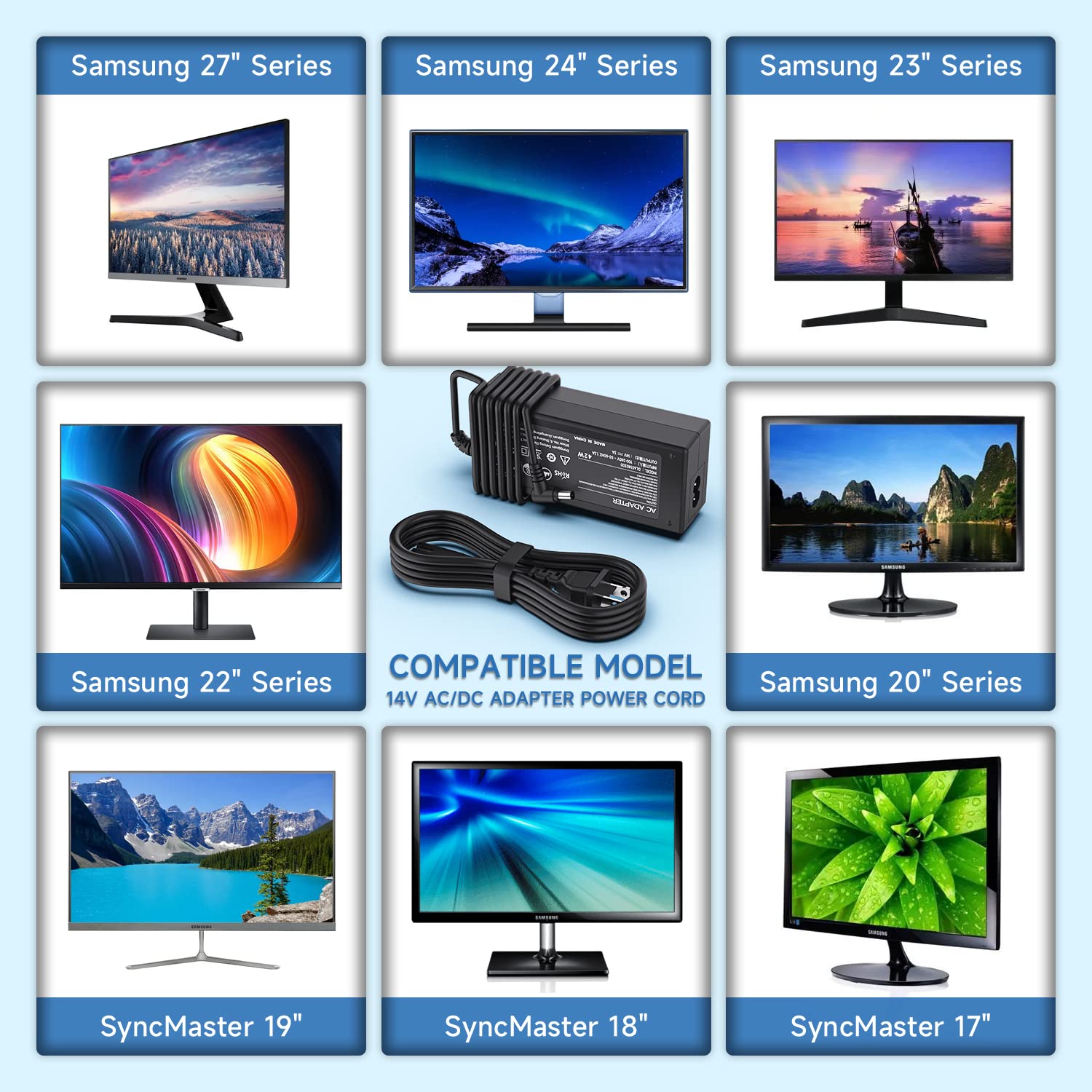 Syfrufo 14V Power Cord for Samsung Monitors 15-27, Compatible with SyncMaster S22C300H, P2770, UE590, Black AC/DC Adapter