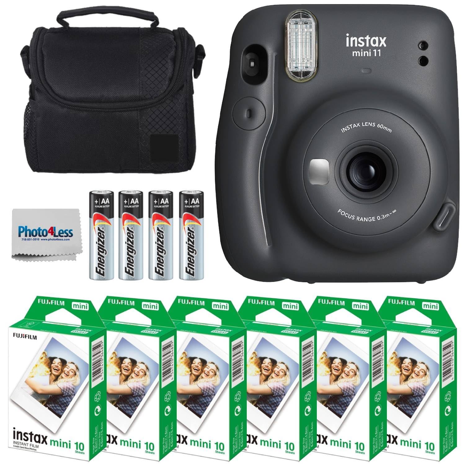 Fujifilm Instax Mini 11 Instant Camera  Charcoal Grey (16654786) + Fuji Instax Mini Twin Pack Instant Film (60 Sheets) + Batter