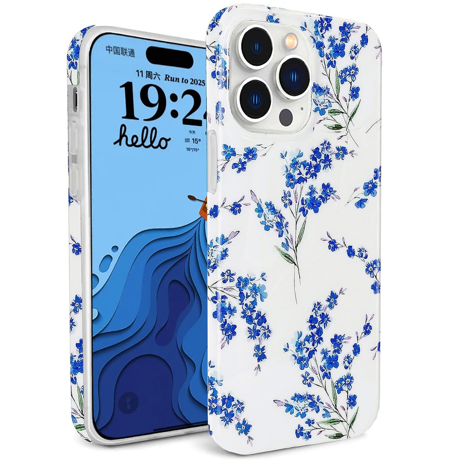 J.west Floral Compatible with iPhone 16 Pro Case 6.3 , Soft TPU Flower Pattern Design, Shockproof Bumper for Women & Girls Blue